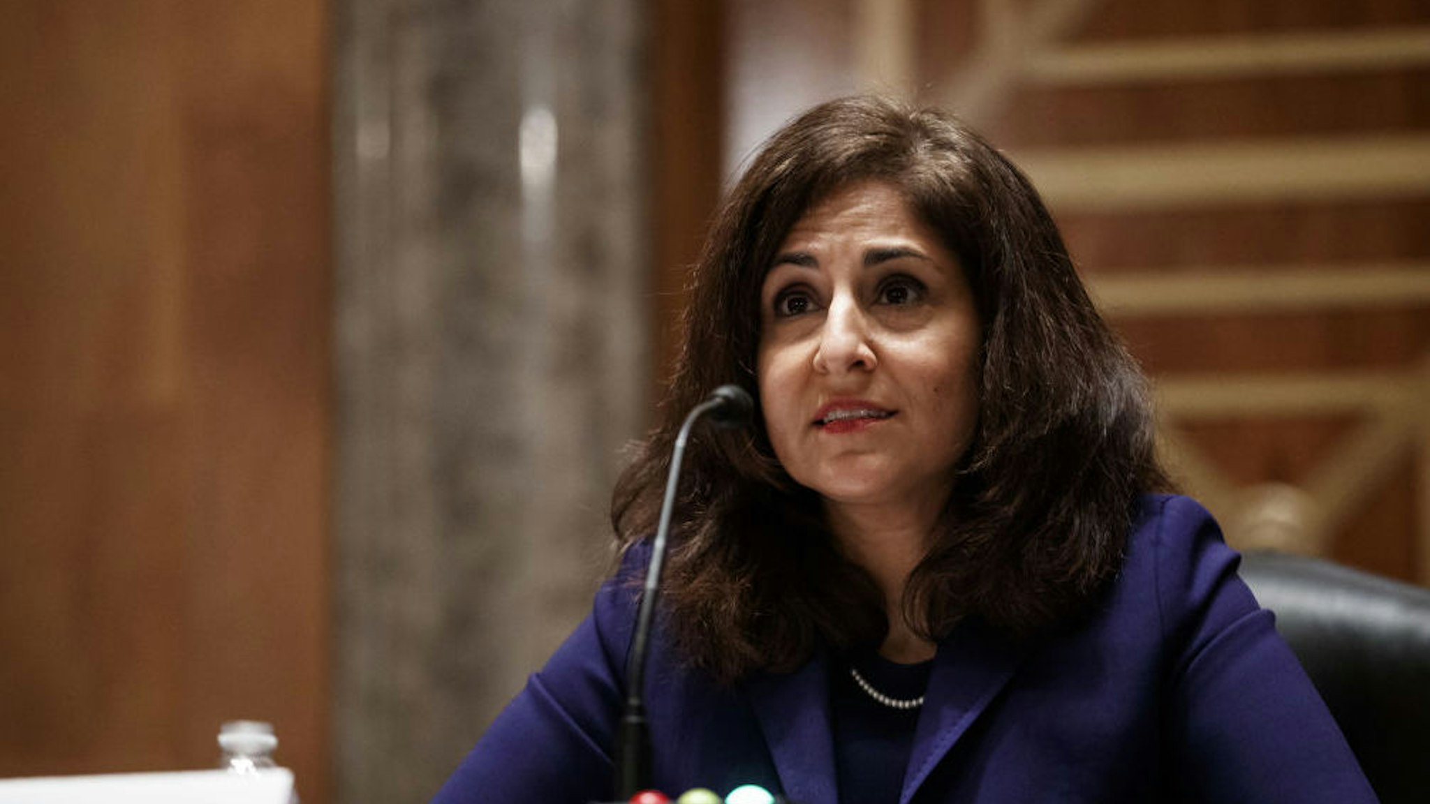 Neera Tanden, director of the Office and Management and Budget (OMB) nominee for U.S. President Joe Biden, speaks during a Senate Homeland Security and Governmental Affairs Committee confirmation hearing in Washington, D.C., U.S., on Tuesday, Feb. 9, 2021. Tanden, who pledged to work with both parties after drawing sharp criticism from Republicans for sniping at them on social media, worked on the Affordable Care Act during the Obama years and was an aide to Hillary Clinton from her time as first lady.