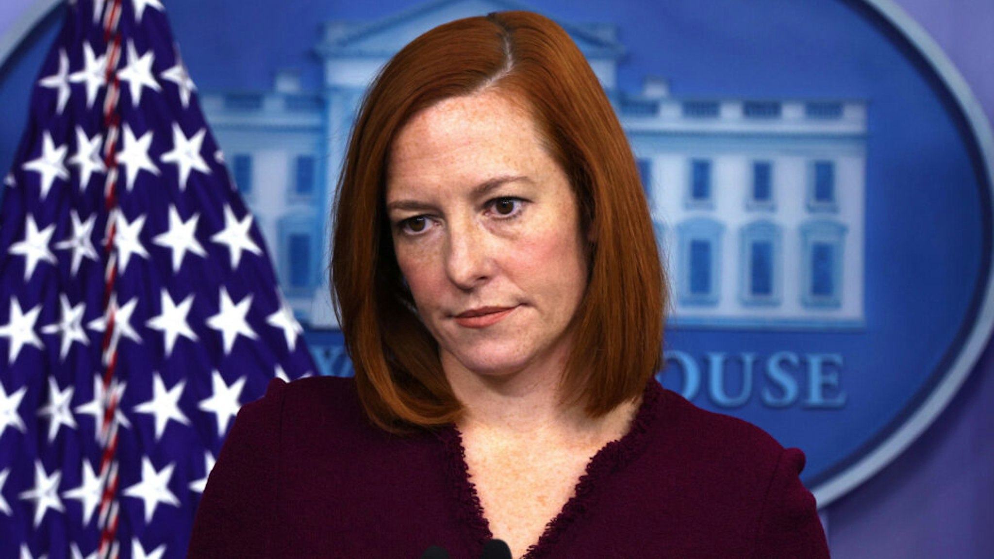 WASHINGTON, DC - FEBRUARY 09: White House Press Secretary Jen Psaki listens during a news briefing at the James Brady Press Briefing Room of the White House February 9, 2021 in Washington, DC. Psaki held a news briefing to answers questions from the members of the press.