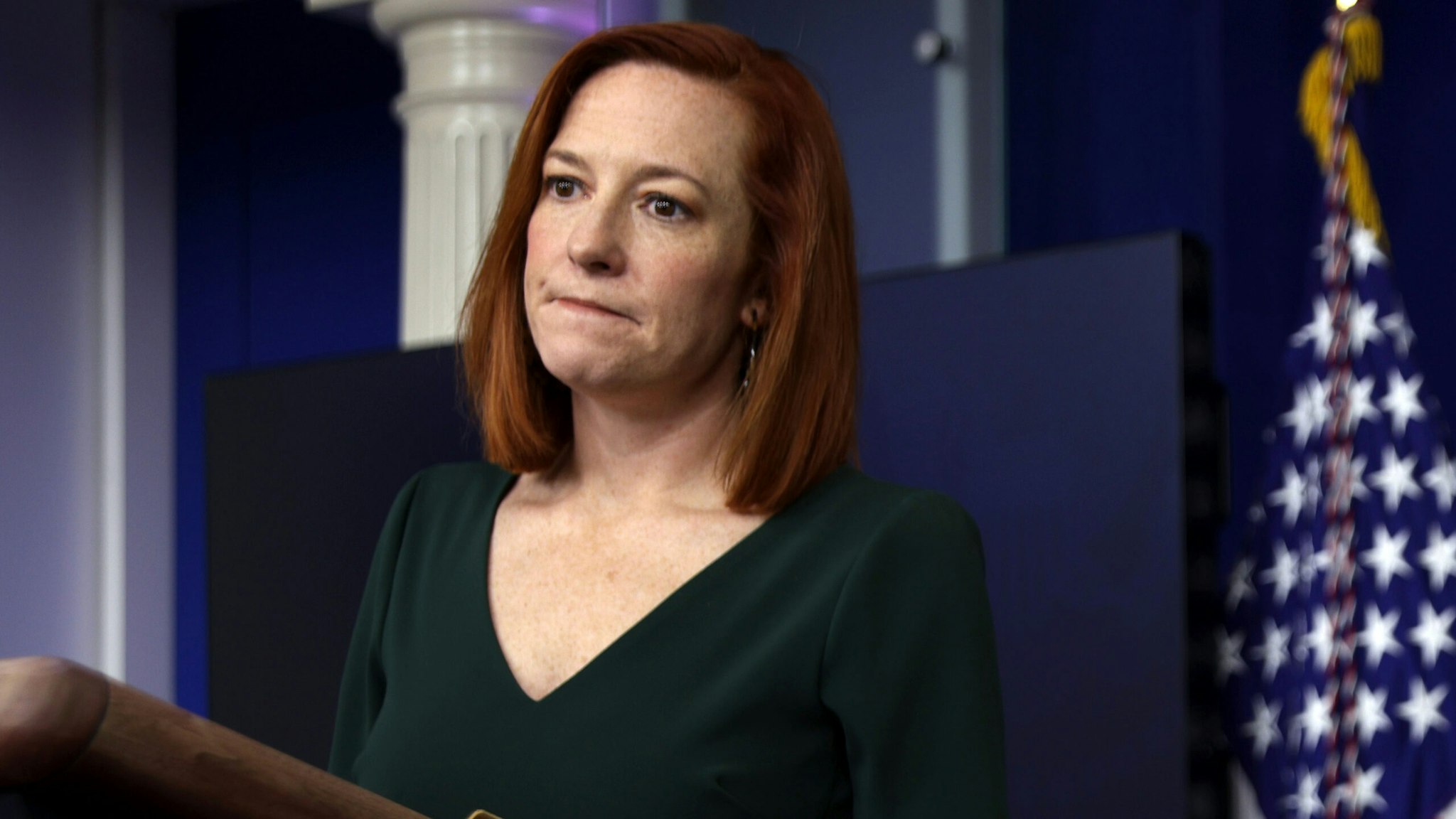 WASHINGTON, DC - FEBRUARY 25: White House Press Secretary Jen Psaki listens during a news briefing at the James Brady Press Briefing Room of the White House February 25, 2021 in Washington, DC. Psaki held a news briefing to answer questions from the members of the press.