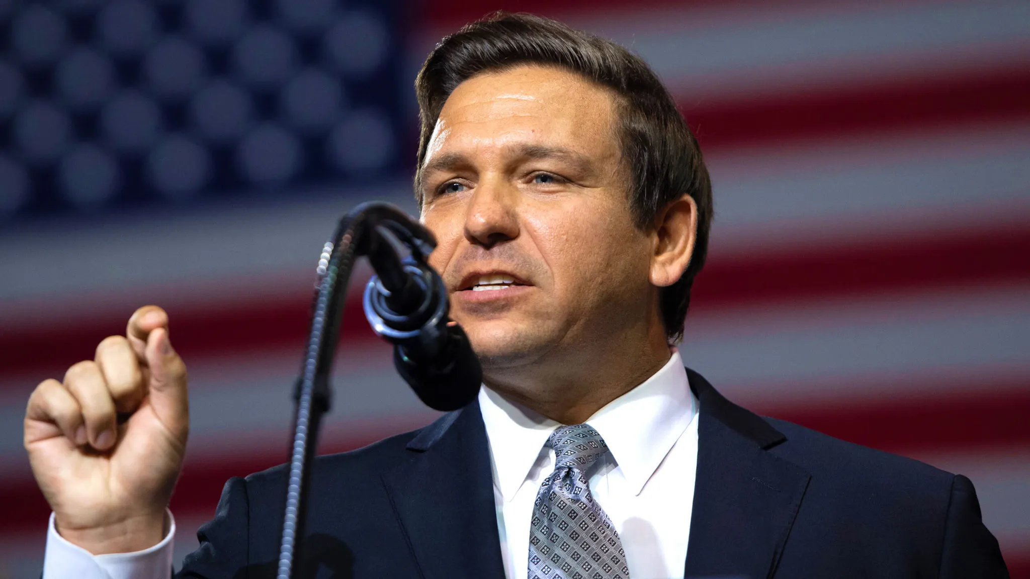 US-POLITICS-TRUMP-RALLY US Representative Ron DeSantis, Republican of Florida, and candidate for Florida Governor, speaks during a rally with US President Donald Trump at Florida State Fairgrounds Expo Hall in Tampa, Florida, on July 31, 2018.