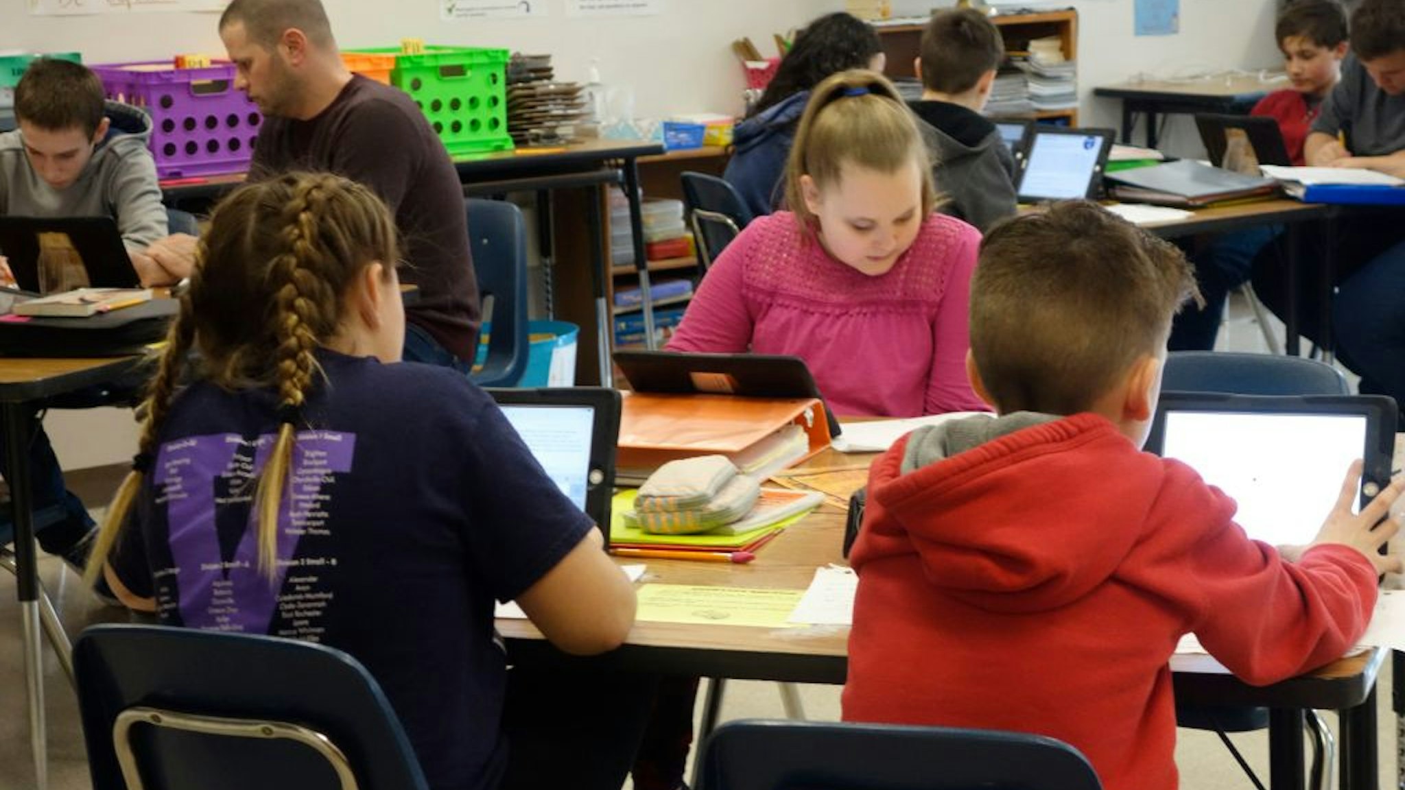 Students and Teacher Working in Social Studies Classroom, Wellsville, New York