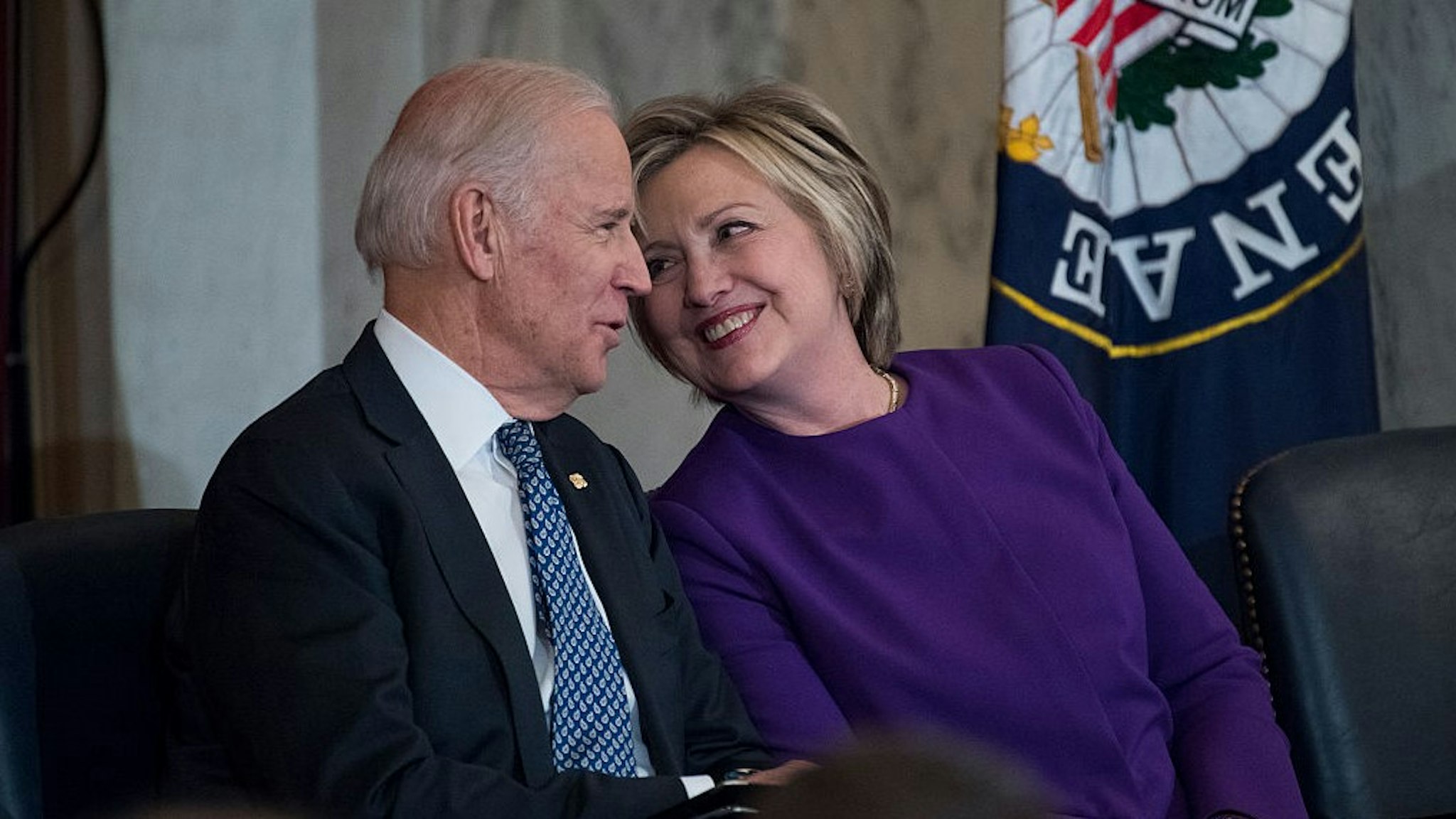 UNITED STATES - DECEMBER 08: Vice President Joe Biden and former Secretary of State Hillary Clinton attend a portrait unveiling ceremony for retiring Senate Minority Leader Harry Reid, D-Nev., in Russell Building's Kennedy Caucus Room, December 08, 2016. (Photo By