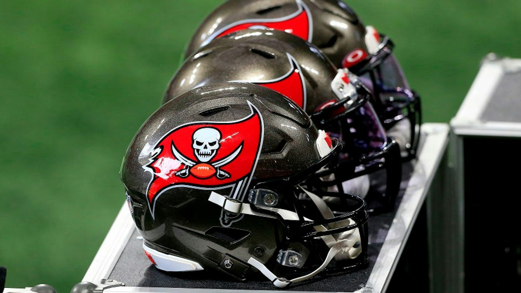ATLANTA, GA - DECEMBER 20: Tampa Bay helmets on the sidelines during warmups for the Week 15 NFL game between the Atlanta Falcons and the Tampa Bay Buccaneers on December 20, 2020 at Mercedes-Benz Stadium in Atlanta, Georgia. (Photo by
