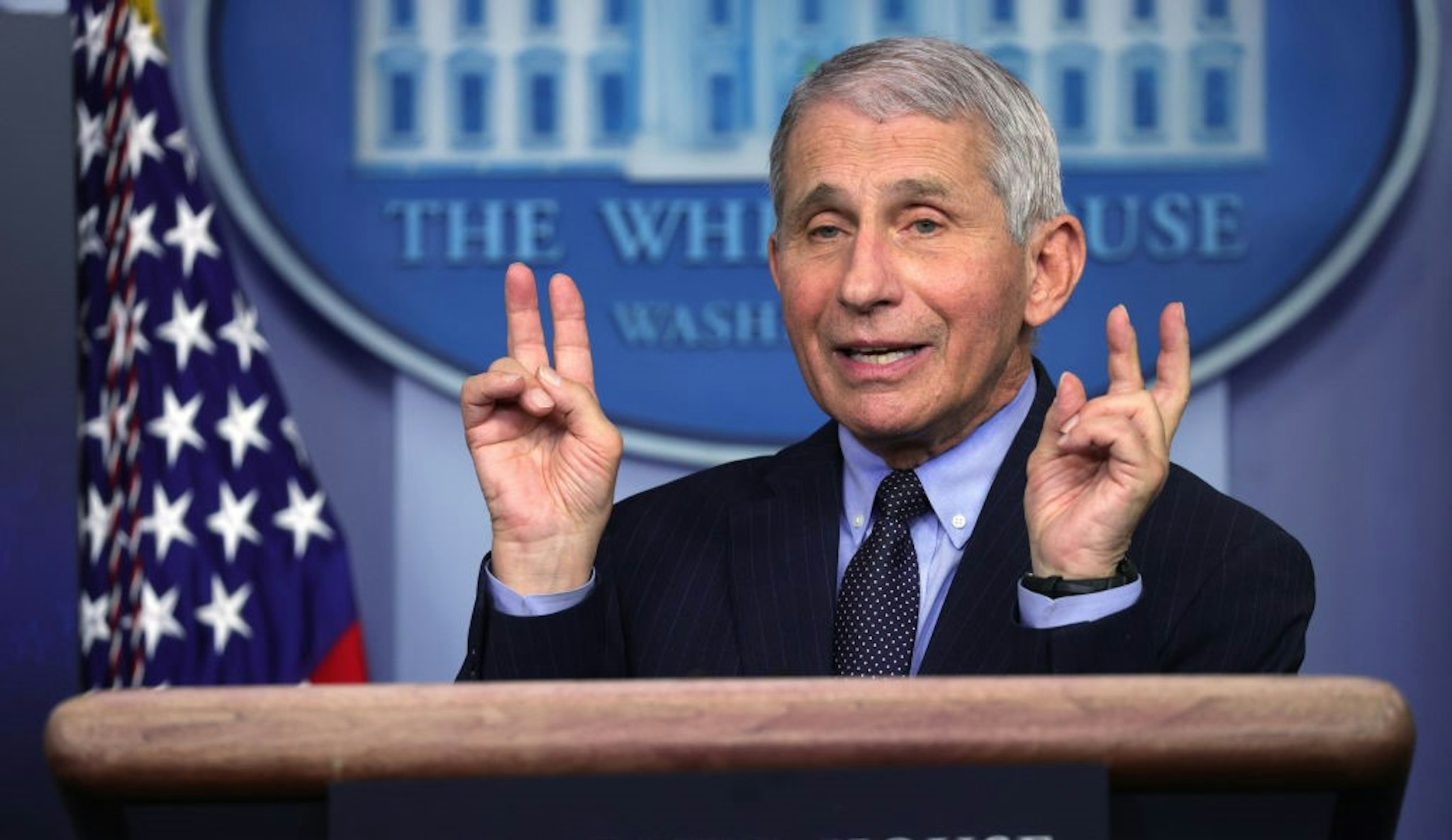 WASHINGTON, DC - JANUARY 21: Dr Anthony Fauci, Director of the National Institute of Allergy and Infectious Diseases, speaks during a White House press briefing, conducted by White House Press Secretary Jen Psaki, at the James Brady Press Briefing Room of the White House January 21, 2021 in Washington, DC. Psaki held her second press briefing since President Joe Biden took office yesterday. (Photo by