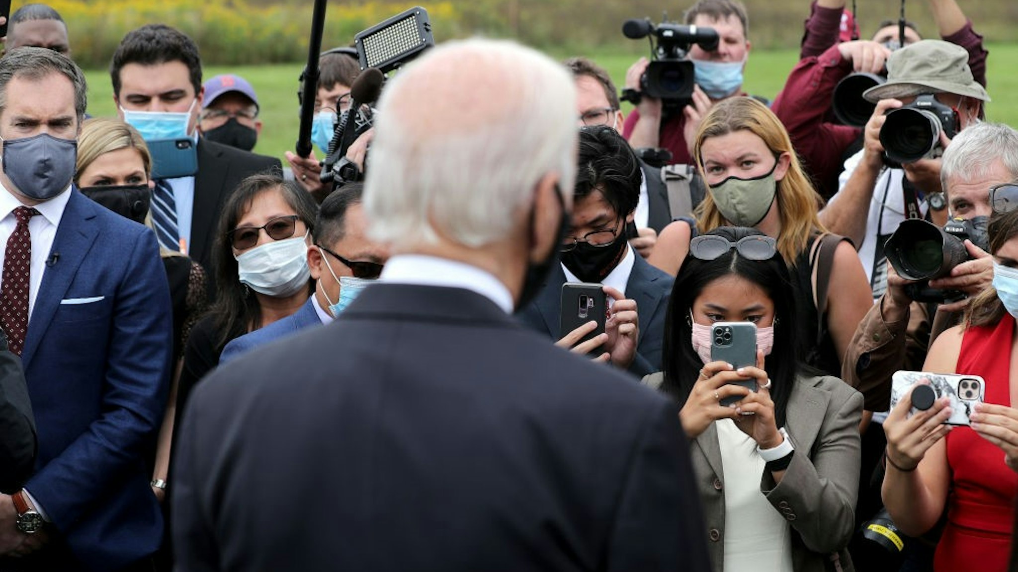 SHANKSVILLE, PA - SEPTEMBER 11: Democratic presidential nominee and former Vice President Joe Biden talks to journalist after laying a wreath at the Flight 93 National Memorial on the 19th anniversary of the 9/11 terror attacks September 11, 2020 in Shanksville, Pennsylvania. Earlier in the day the Biden attended a remembrance ceremony at the September 11 National Memorial in New York City. (Photo by