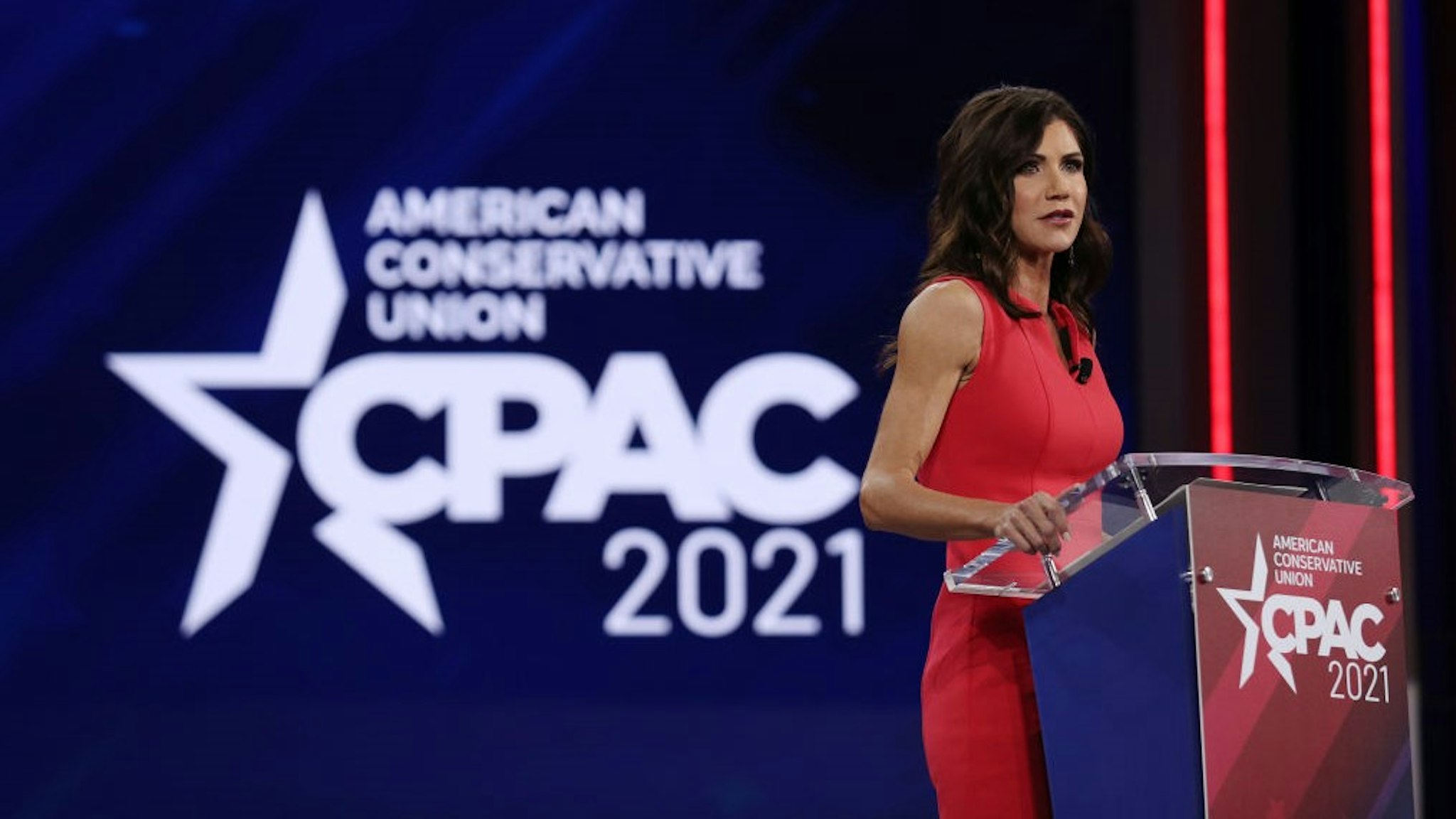 ORLANDO, FLORIDA - FEBRUARY 27: South Dakota Gov. Kristi Noem addresses the Conservative Political Action Conference held in the Hyatt Regency on February 27, 2021 in Orlando, Florida. Begun in 1974, CPAC brings together conservative organizations, activists, and world leaders to discuss issues important to them. (Photo by