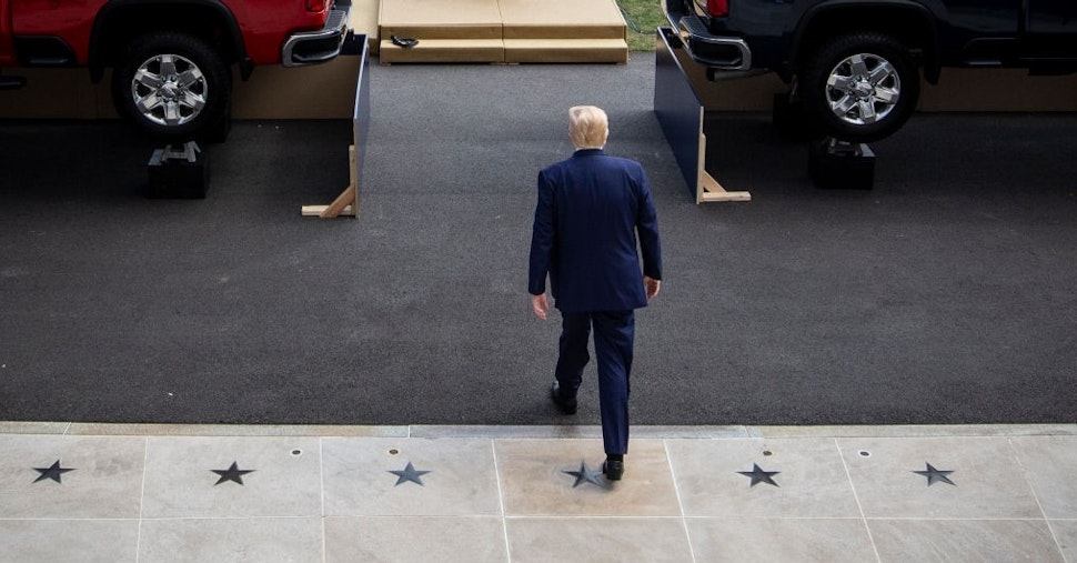 WASHINGTON, DC - JULY 16: U.S. President Donald Trump walks out to the South Lawn of the White House for an event about regulatory reform on July 16, 2020 in Washington, DC. On Wednesday, President Trump announced a rollback of the National Environmental Policy Act. The administrations changes to the law aim to decrease the number of infrastructure projects that will be subject to federal NEPA review, hoping to shorten long permit processes and speed up approval. (Photo by