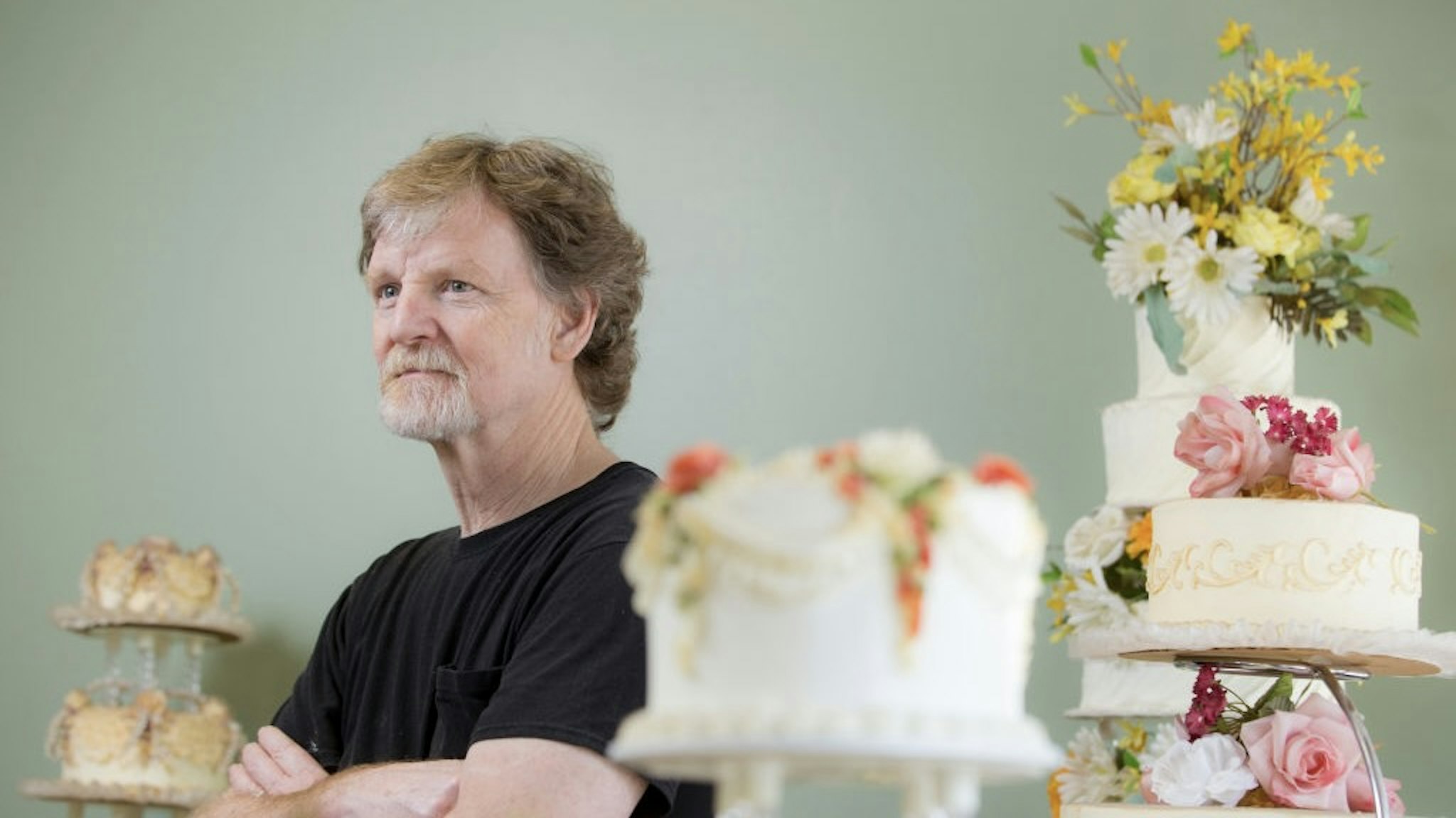 LAKEWOOD, CO - SEPT 1: Jack Phillips stands for a portrait near a display of wedding cakes in his Masterpiece Cakeshop in Lakewood, CO on Thursday, September 1, 2016. Jack Phillips is owner of Masterpiece Cakeshop in Lakewood, Colo., and has a case before the Supreme Court. He is one of the bakers who does not want to bake wedding cakes for same-sex couples, saying it violates his religious beliefs, and has been found in violation of Colorado law. (Photo by Matthew Staver/For The Washington Post via Getty Images) Slug: JACKPHILLIPS