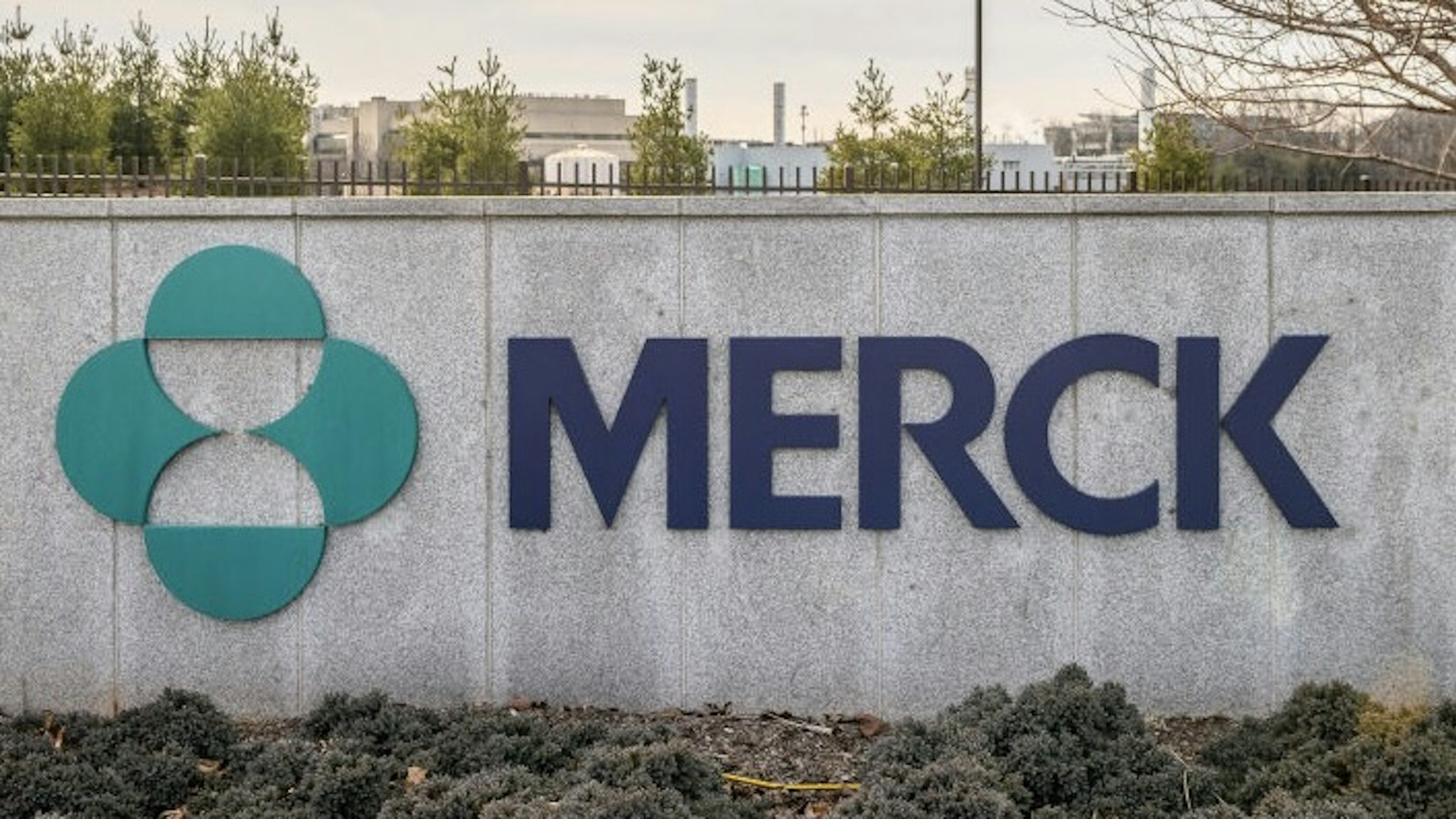 Signage outside Merck &amp; Co. headquarters in Kenilworth, New Jersey, U.S., on Monday, Jan. 25, 2021. Merck &amp; Co. is discontinuing development of its two experimental Covid-19 vaccines after early trial data showed they failed to generate immune responses comparable to a natural infection or existing vaccines. Photographer: Christopher Occhicone/Bloomberg