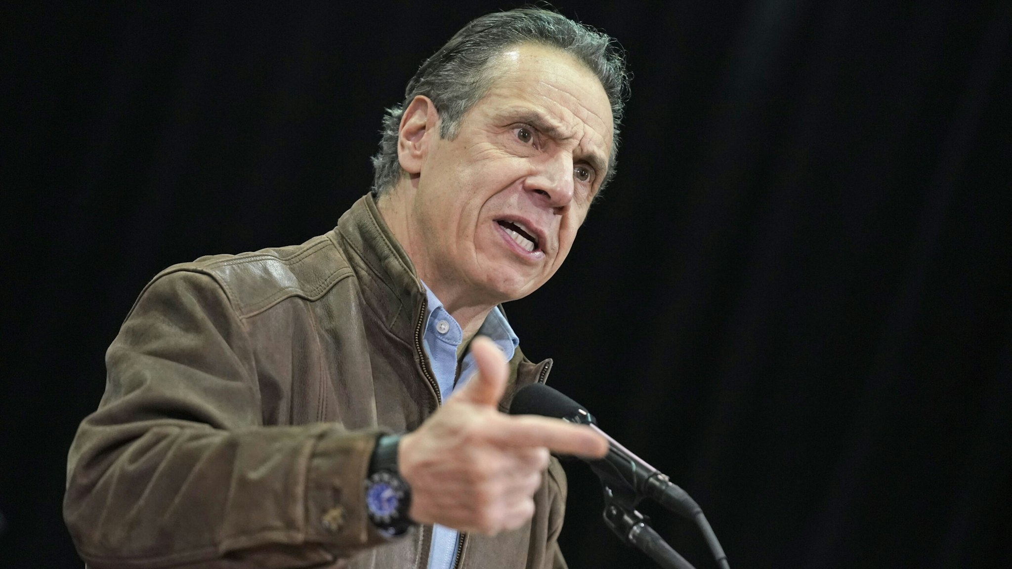 New York Governor Andrew Cuomo speaks during a press conference before the opening of a mass Covid-19 vaccination site in the Queens borough of New York, on February 24, 2021. - The site run by the Federal Emergency Management Agency (FEMA), along with another in Brooklyn, gives priority to local residents in an effort to equitably distribute the vaccine.