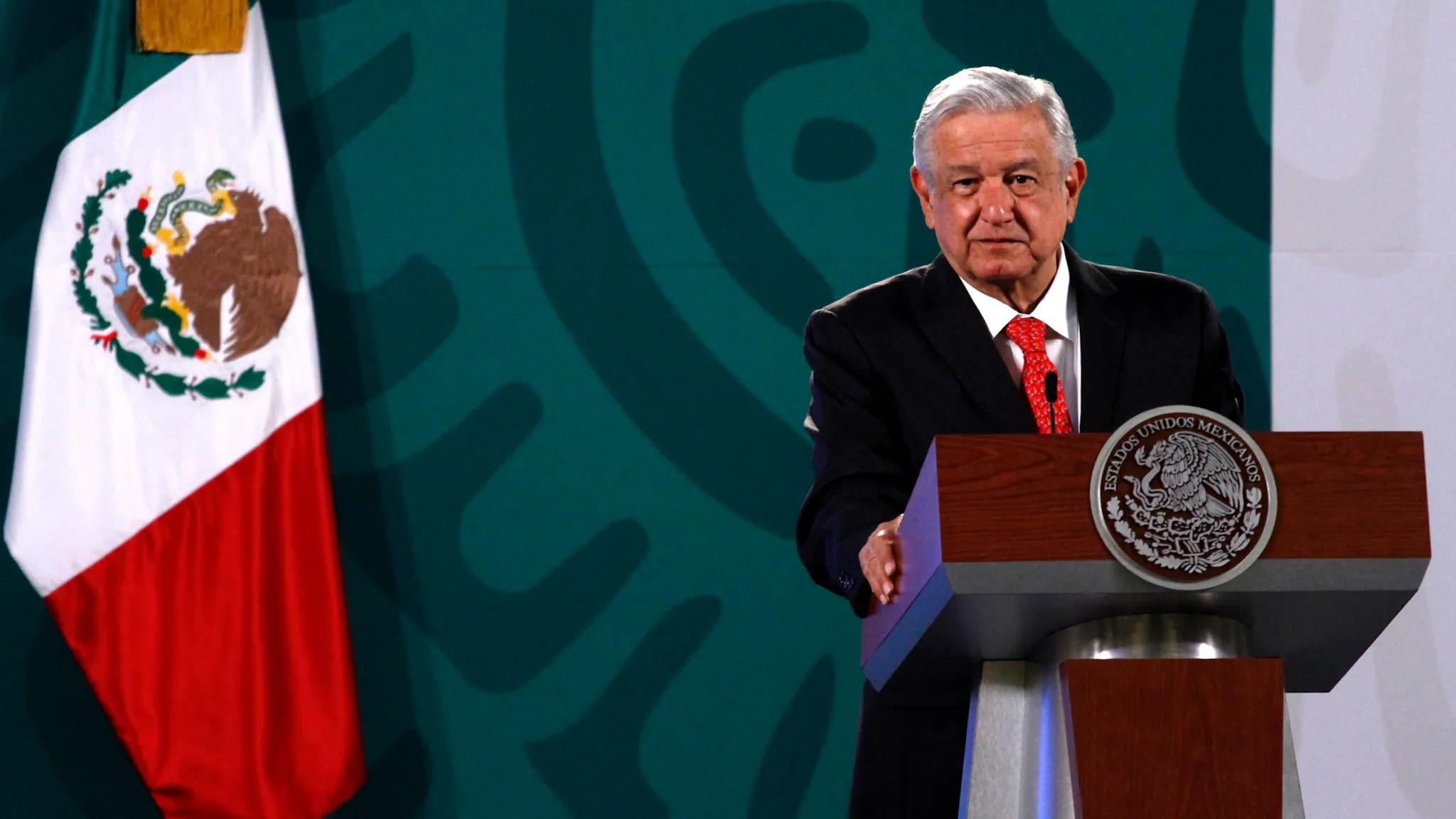 Andres Manuel Lopez Obrador Daily Morning Press Conference MEXICO CITY, MEXICO - MARCH 8, 2021: The president of Mexico, Andrés Manuel López Obrador speaks during his daily morning conference in the National Palace, headquarters of the Executive Power. On March 8, 2021 in Mexico City, Mexico