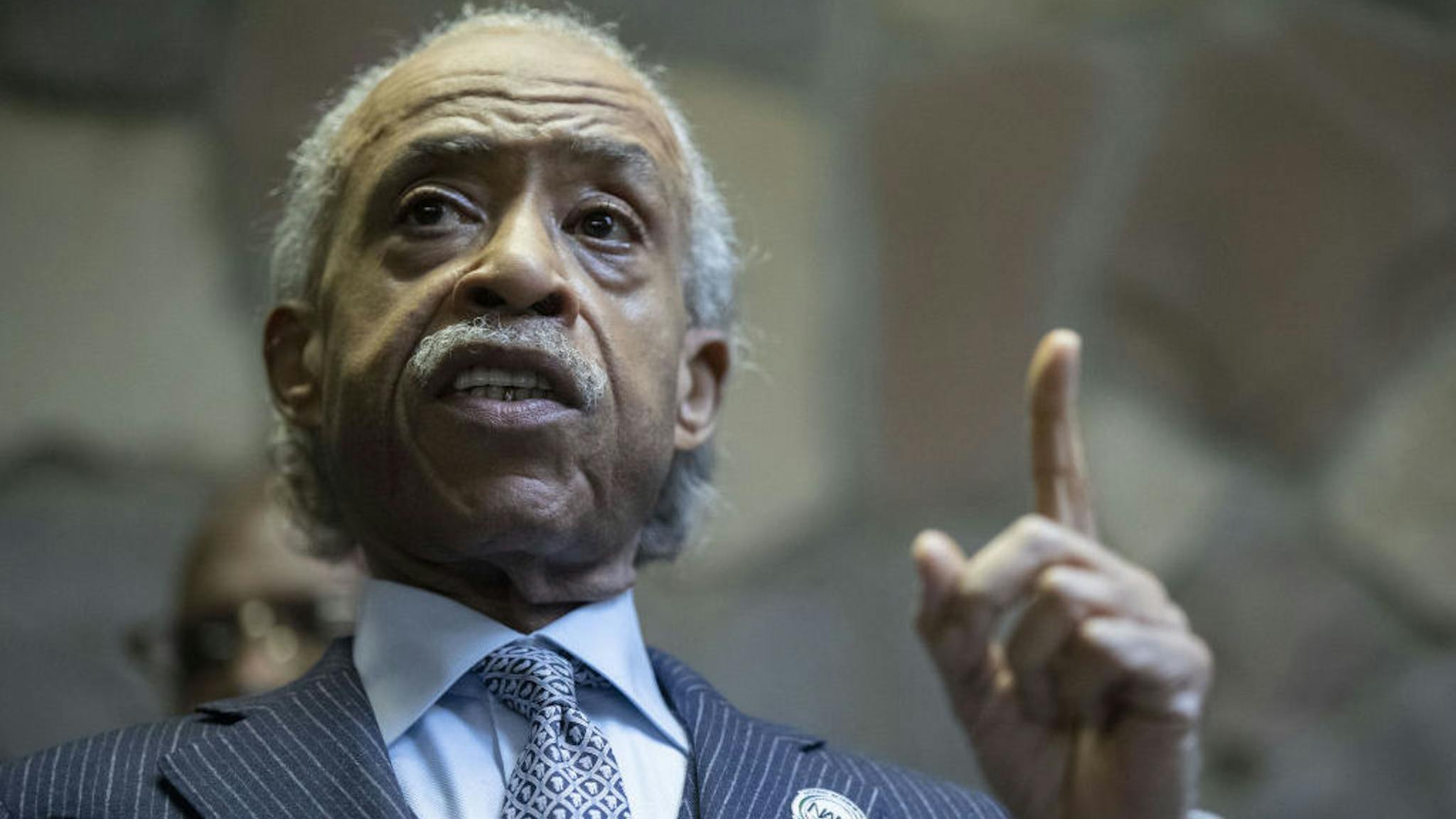 Al Sharpton MINNEAPOLIS, MINNESOTA, USA - MARCH 28: Reverend Al Sharpton speaks to the press during a press conference in Minneapolis, Minnesota in United States on March 28, 2021, the day before the trial is set to begin. The family of George Floyd and the prosecution legal team stand behind him. (Photo by Christopher Mark Juhn/Anadolu Agency via Getty Images)