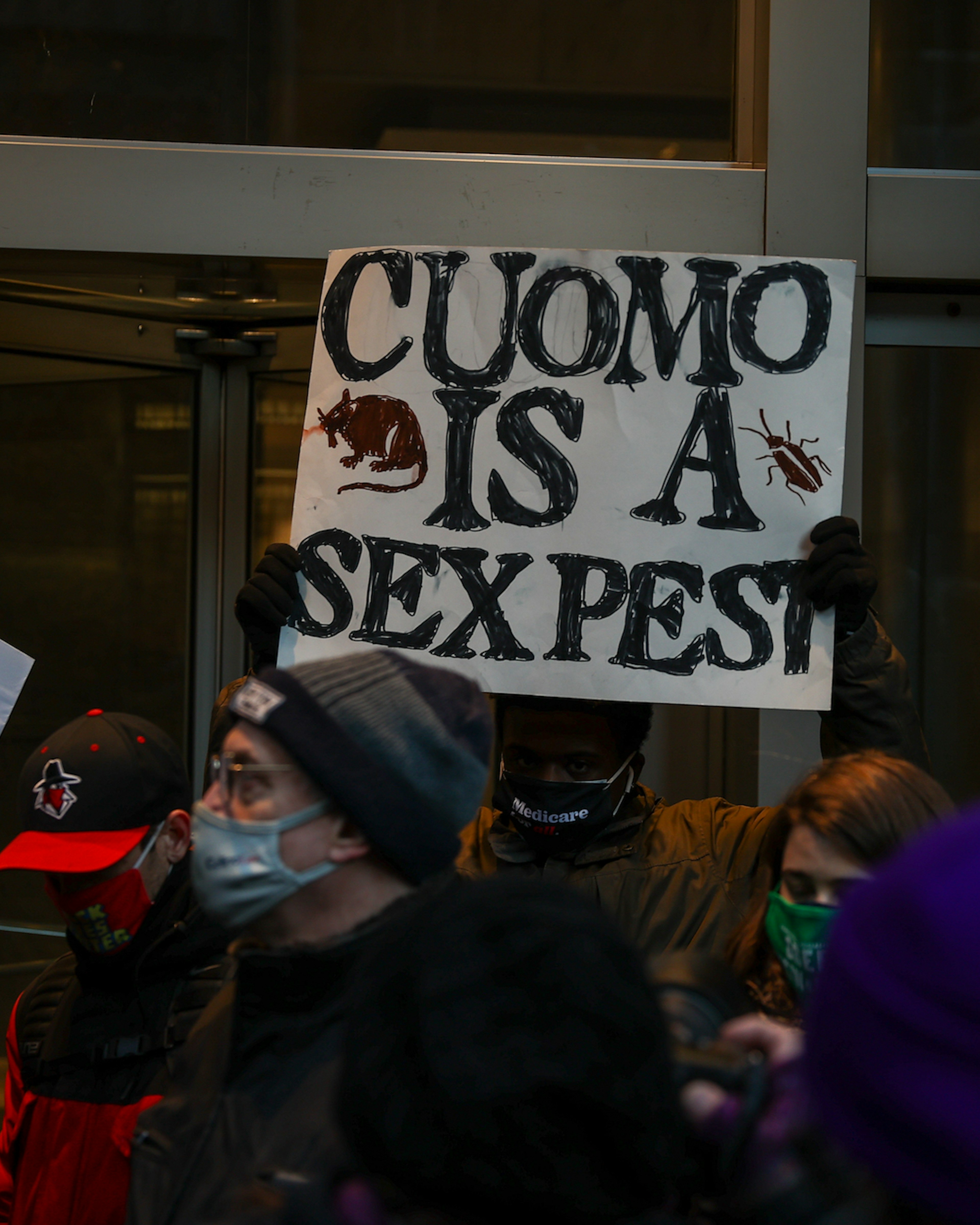 A group of protesters are calling for Governor Andrew Cuomo's resignation following a series of sexual harassment accusations and an attempted cover up of nursing home deaths resulting from pandemic response mismanagement in front of his NYC office in Manhattan of New York City, United States on March 02, 2021. . (Photo by Tayfun Coskun/Anadolu Agency via Getty Images)