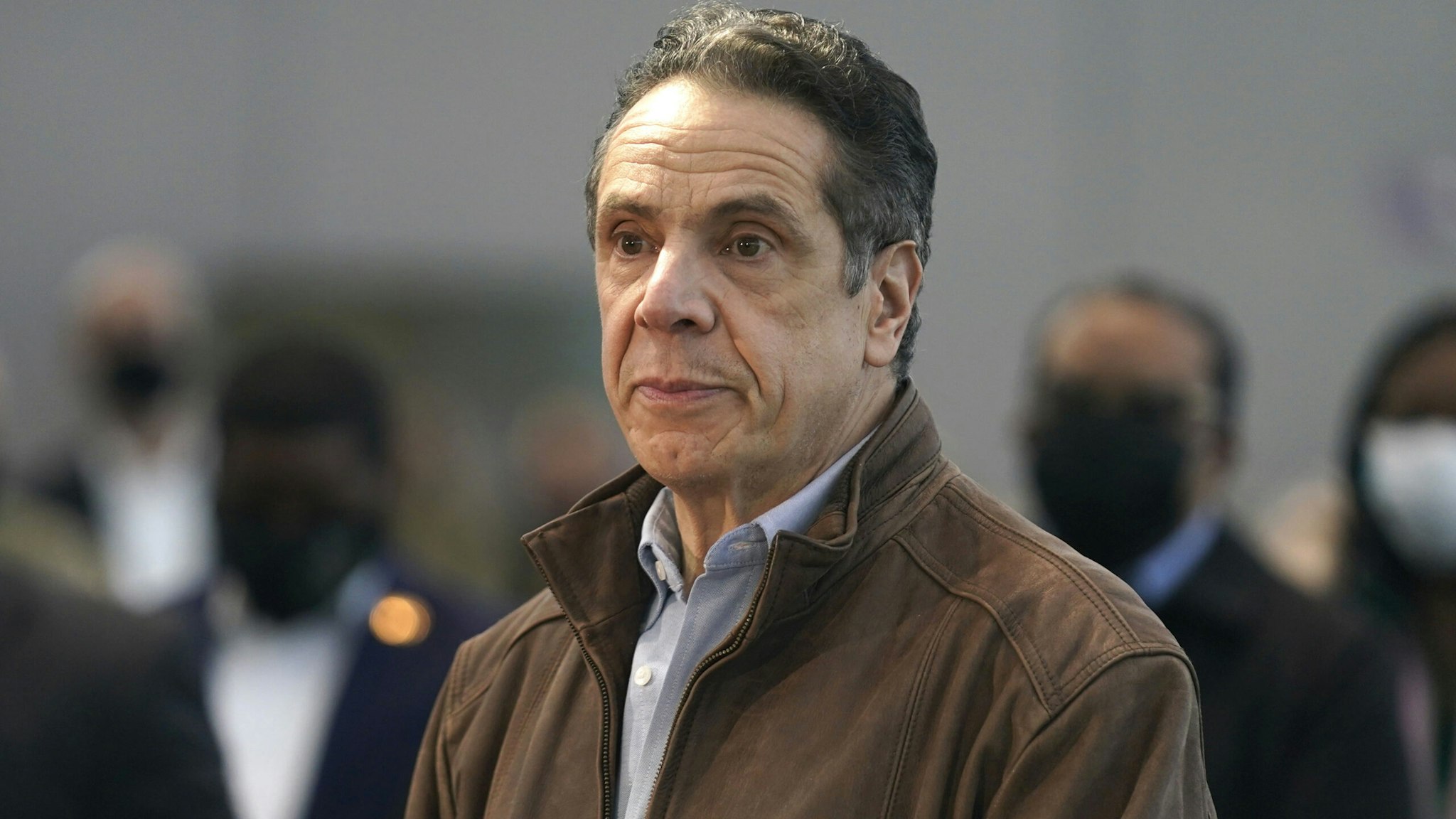 NEW YORK, NEW YORK - MARCH 08: New York Gov. Andrew Cuomo speaks at a vaccination site at the Jacob K. Javits Convention Center on March 8, 2021 in New York City. Cuomo has been called to resign from his position after allegations of sexual misconduct were brought against him.