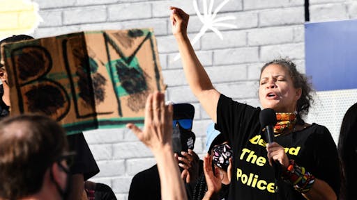 Black Lives Matter-Los Angeles press conference and rally to launch a campaign against the Los Angeles city police union. Los Angeles, CA - February 24: Dr. Melina Abdullah speaks to about 150 people during a Black Lives Matter-Los Angeles press conference and rally to launch a campaign against the Los Angeles city police union which represents nearly 10,000 rank-and-file officers in front of the American Civil Liberties Union building in Los Angeles on Wednesday, February 24, 2021.