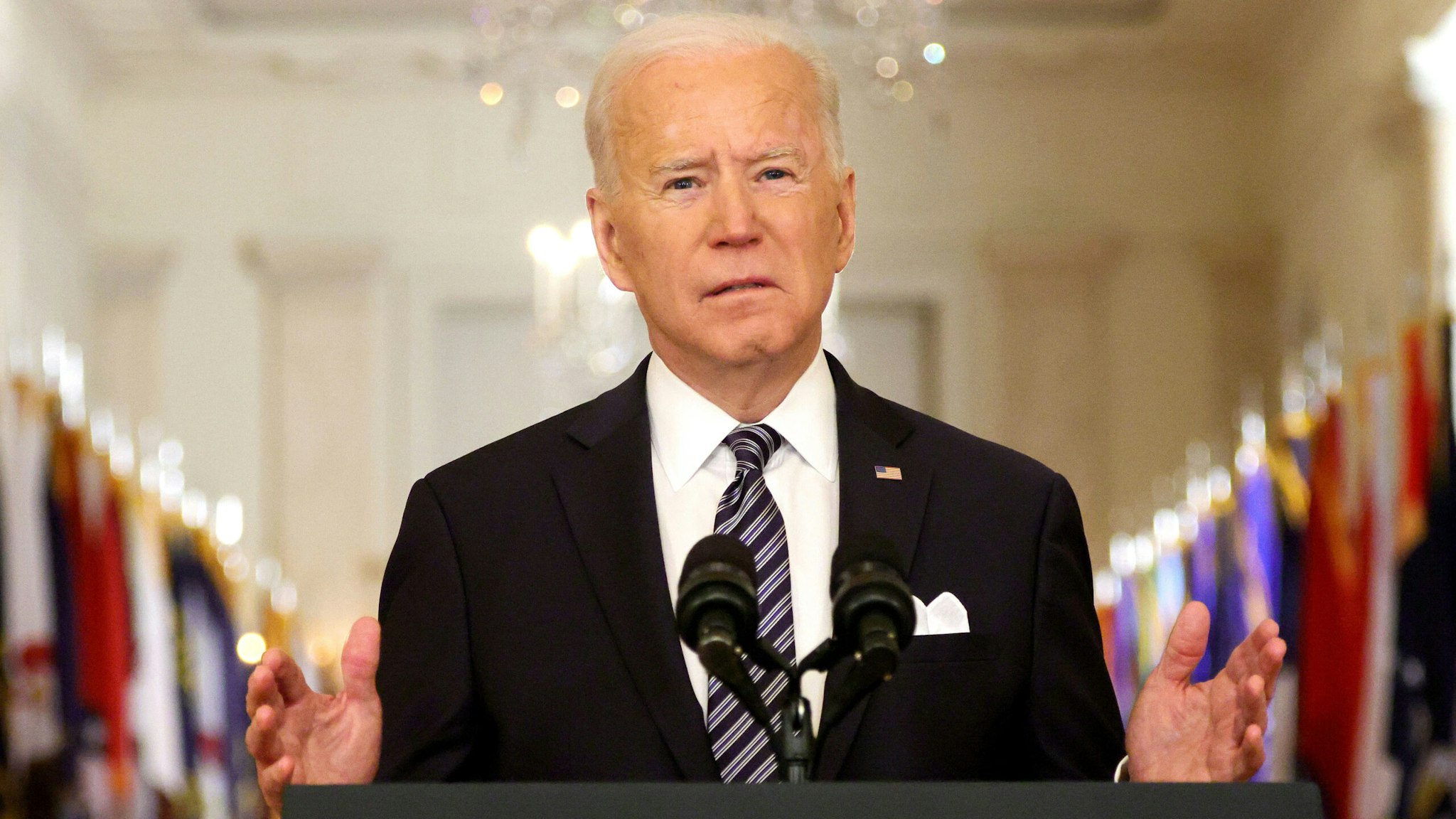 WASHINGTON, DC - MARCH 11: U.S. President Joe Biden speaks as he gives a primetime address to the nation from the East Room of the White House March 11, 2021 in Washington, DC. President Biden gave the address to mark the one-year anniversary of the shutdown due to the COVID-19 pandemic.