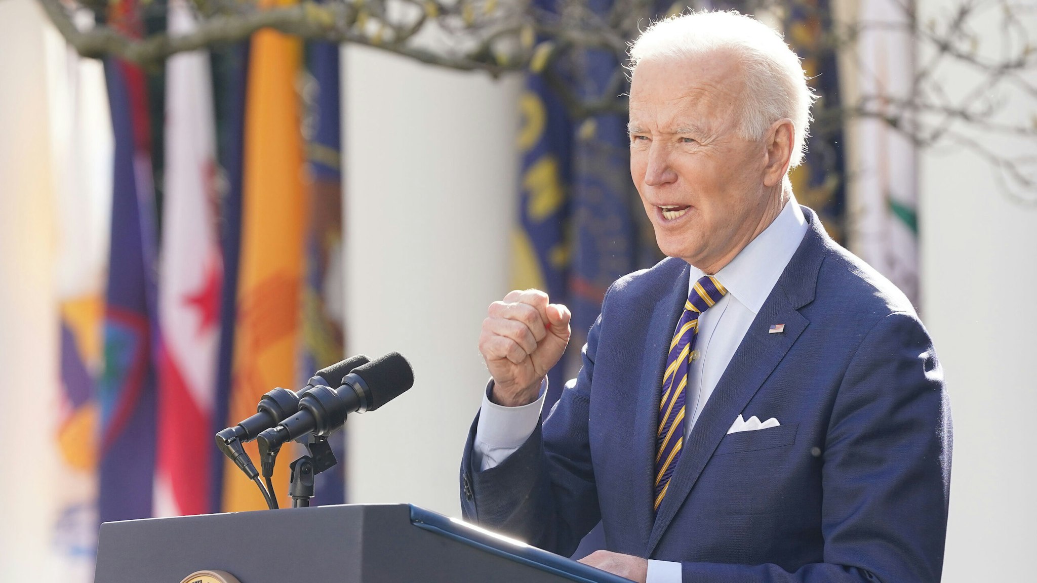 U.S. President Joe Biden speaks during an event in the Rose Garden of the White House in Washington, D.C., U.S., on Friday, March 12, 2021. Biden offered a Fourth of July goal for the U.S. to begin returning to normal as "light in the darkness" to a weary nation on Thursday, counting on a rapidly expanding supply of coronavirus vaccine to raise American hopes.