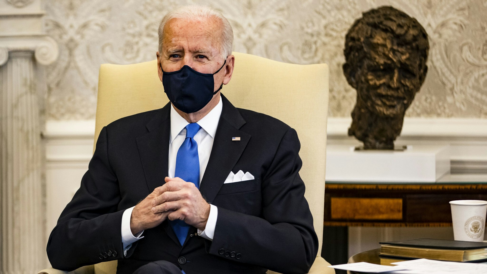 WASHINGTON, DC - MARCH 03: President Joe Biden holds a meeting on cancer with Vice President Kamala Harris and other lawmakers in the Oval Office at the White House on March 3, 2021 in Washington, DC.