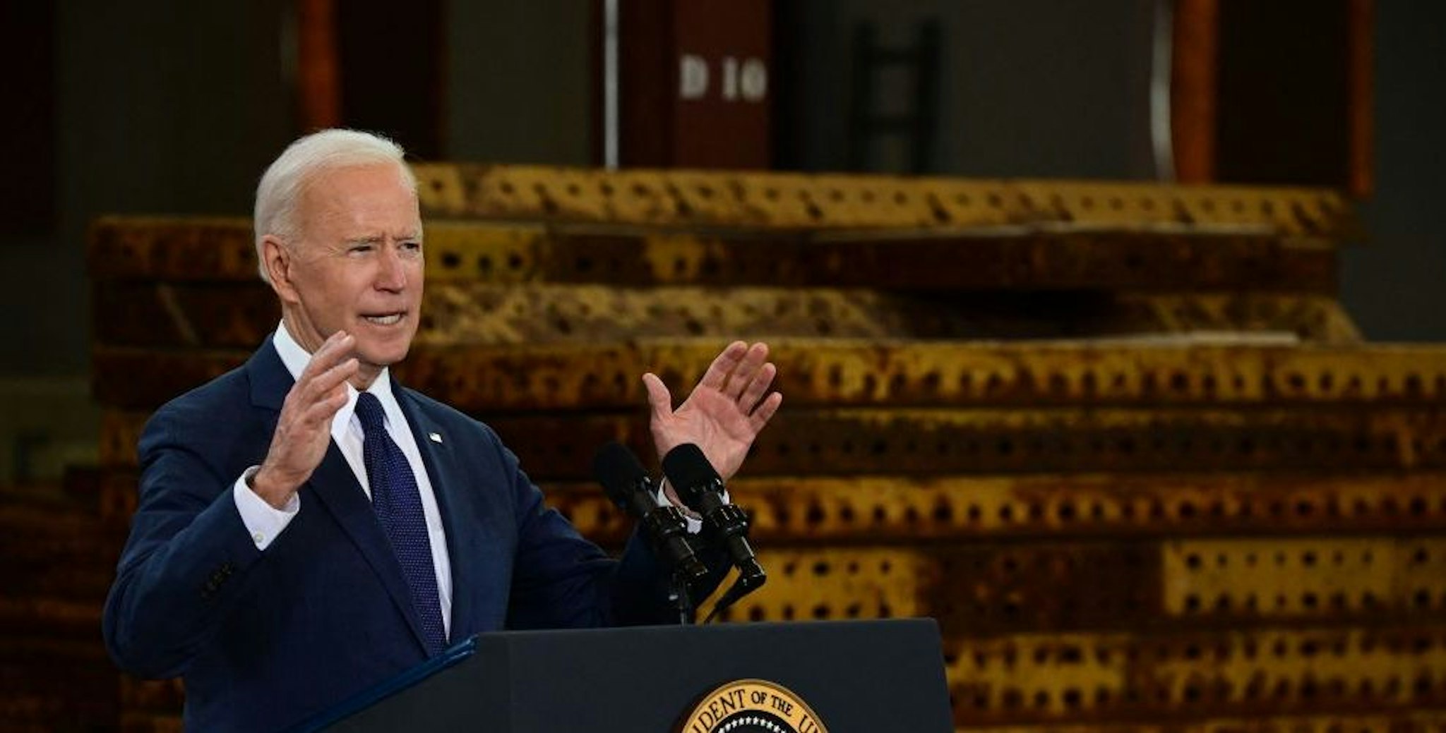 US President Joe Biden speaks in Pittsburgh, Pennsylvania, on March 31, 2021. - President Biden will unveil in Pittsburgh a $2 trillion infrastructure plan aimed at modernizing the United States' crumbling transport network, creating millions of jobs and enabling the country to "out-compete" China