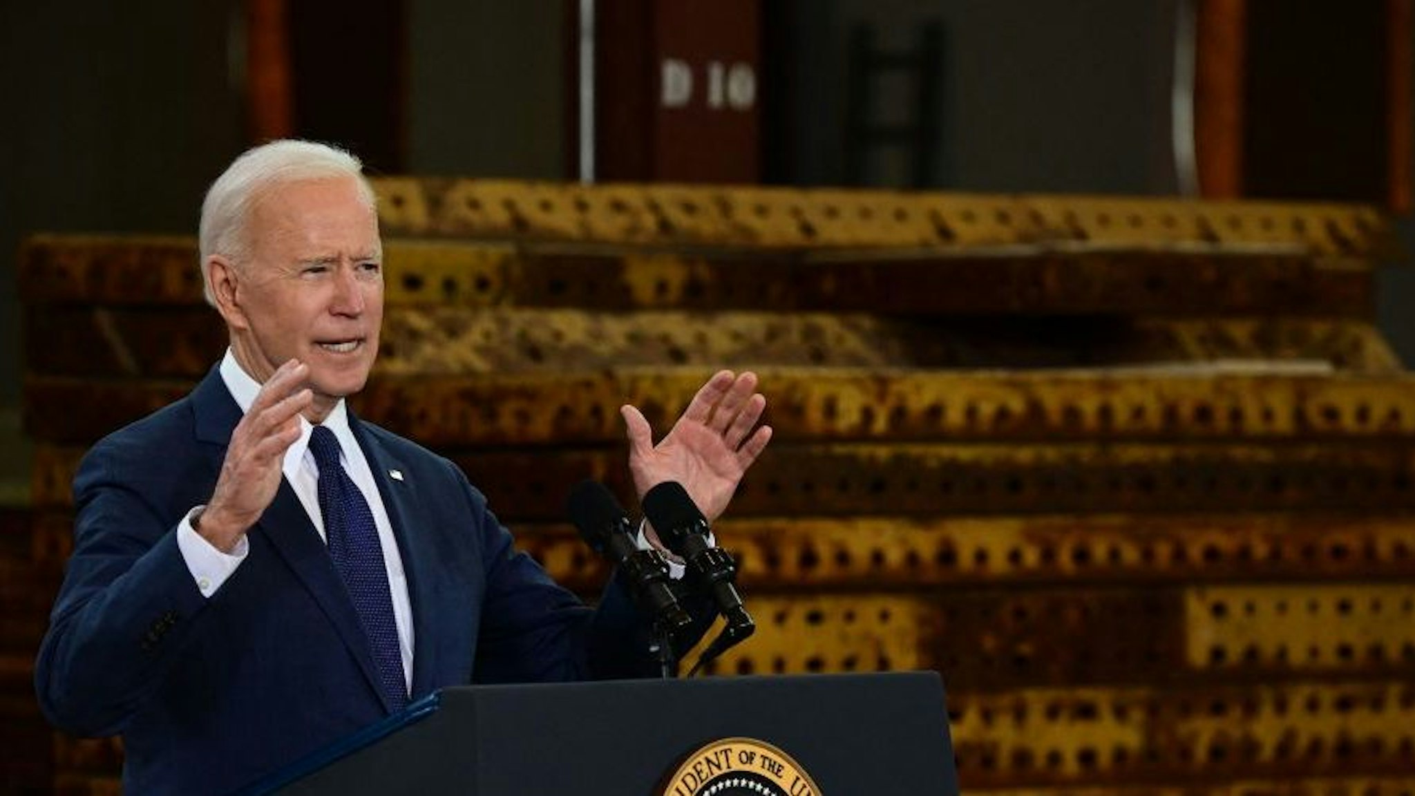 US President Joe Biden speaks in Pittsburgh, Pennsylvania, on March 31, 2021. - President Biden will unveil in Pittsburgh a $2 trillion infrastructure plan aimed at modernizing the United States' crumbling transport network, creating millions of jobs and enabling the country to "out-compete" China