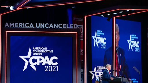 Key Speakers At Conservative Political Action Conference Former U.S. President Donald Trump speaks during the Conservative Political Action Conference (CPAC) in Orlando, Florida, U.S., on Sunday, Feb. 28, 2021. Trump rejected the idea of starting a third political party and instead teased the idea of a 2024 run in a speech Sunday at a conservative conference.