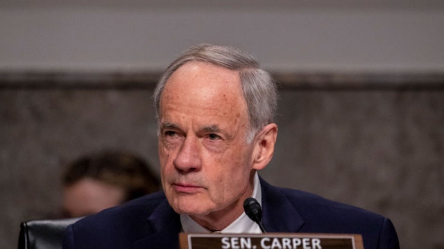 WASHINGTON, DC - MARCH 10: Chairmen Sen. Tom Carper (D-DE) listens during the hearing on Capitol Hill on March 10, 2021 in Washington, DC. Frank Rusco, Director of Natural Resources and Environment at the Government Accountability Office spoke at the hearing.