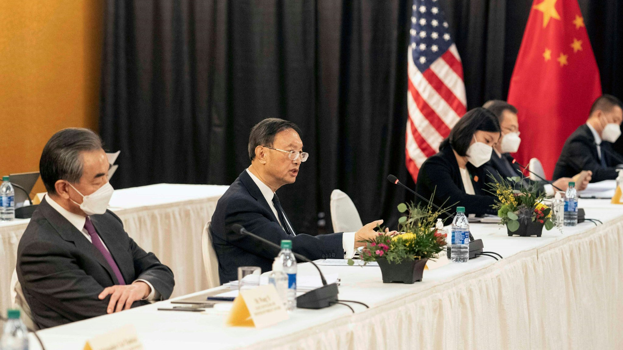 ANCHORAGE, the United States, March 18, 2021 -- Yang Jiechi, a member of the Political Bureau of the Communist Party of China CPC Central Committee and director of the Office of the Foreign Affairs Commission of the CPC Central Committee, puts forward China's stands on relevant issues at the start of the high-level strategic dialogue with the United States in the Alaskan city of Anchorage on March 18, 2021. Yang Jiechi, Chinese State Councilor and Foreign Minister Wang Yi, U.S. Secretary of State Antony Blinken and U.S. National Security Advisor Jake Sullivan attended the dialogue.