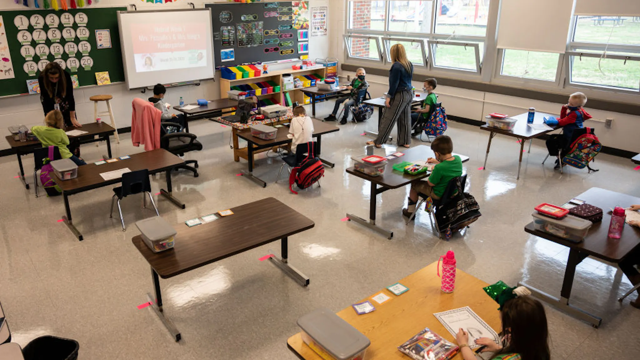 Classroom LOUISVILLE, KY - MARCH 17: Students and teachers participate in a socially distanced classroom session at Medora Elementary School on March 17, 2021 in Louisville, Kentucky. Today marks the reopening of Jefferson County Public Schools for in-person learning with new COVID-19 procedures in place.