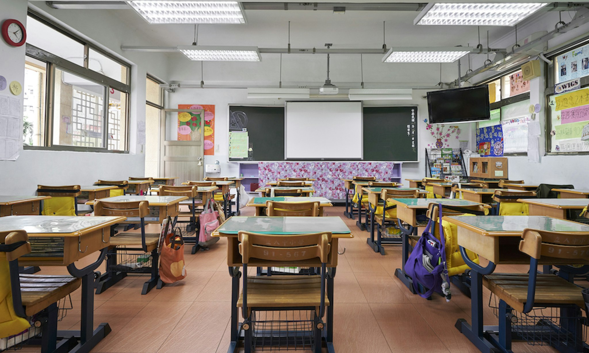 Row of empty desks in front of whiteboard. Interior of classroom in school.