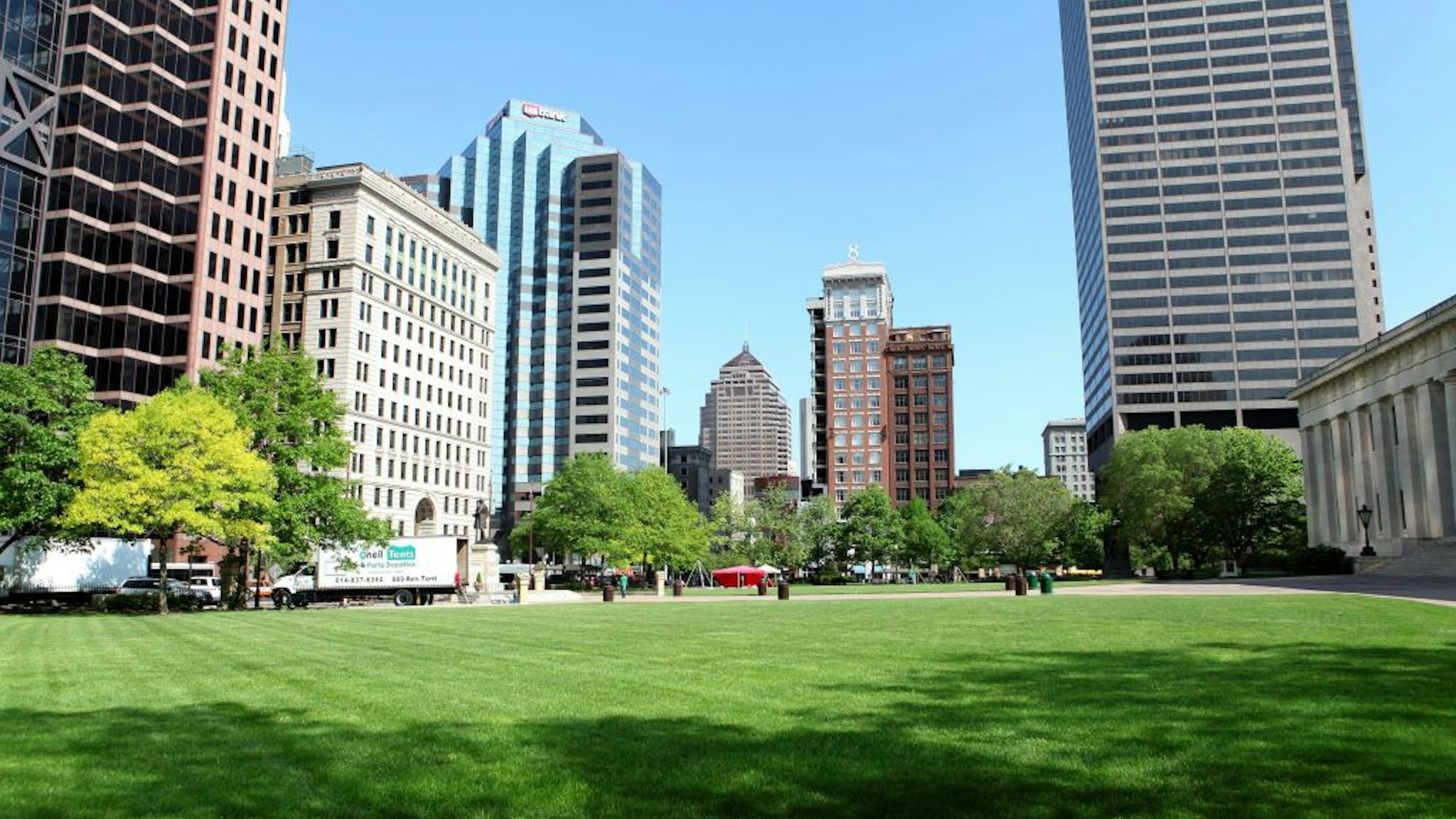 COLUMBUS, OH - MAY 16: Partial view of downtown Columbus, as photographed from Capitol Square on May 16, 2014 in Columbus, Ohio.