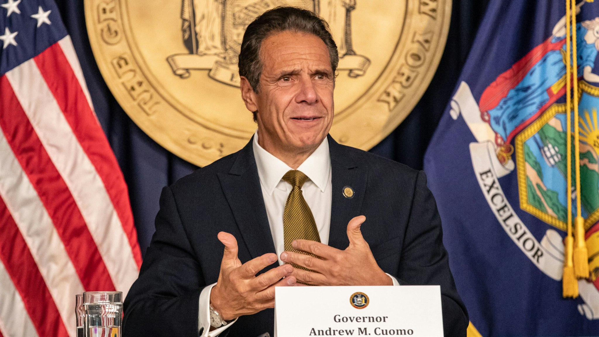 Andrew Cuomo, governor of New York, speaks during a news conference in New York, U.S., on Monday, Oct. 5, 2020. Governor Cuomo said New York City public and private schools in viral hot spots must close Tuesday, and he threatened to shut religious institutions if members dont follow rules about masks and social distancing.