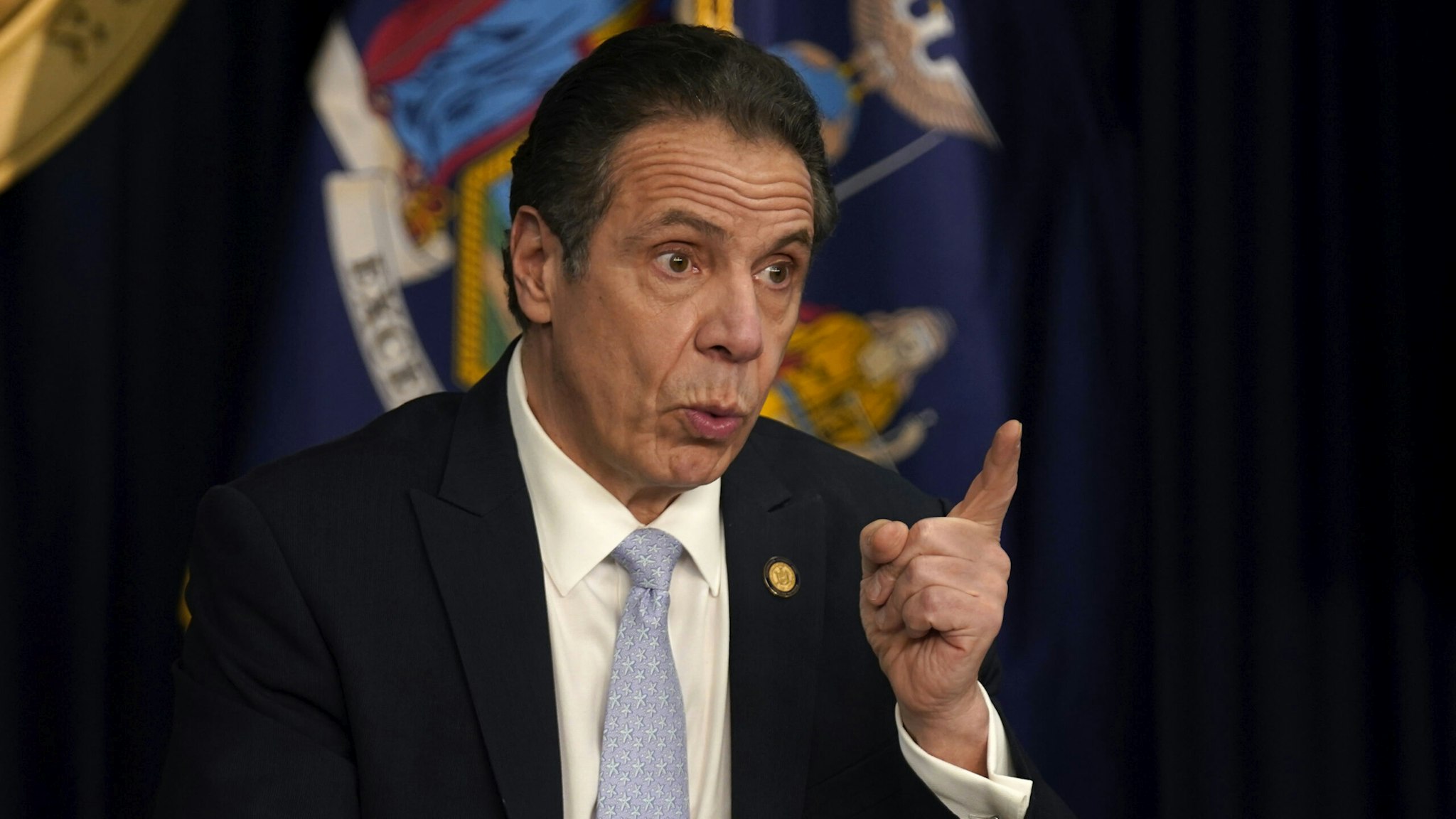 NEW YORK, NEW YORK - MARCH 18: New York Governor Andrew Cuomo speaks during an event at his office on March 18, 2021 in New York City. Cuomo spoke about the return of spectators to performing arts and sporting events, including a limited amount of fans attending baseball games at the start of the season.