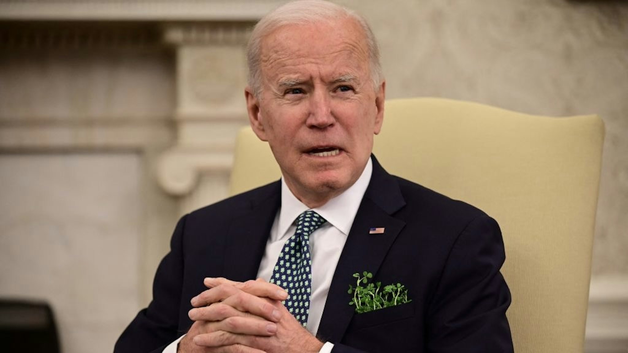US President Joe Biden speaks on the shooting incident in Atlanta before taking part in a virtual bilateral meeting with Irish Prime Minister Micheál Martin in the Oval Office at the White House on March 17, 2021 in Washington,DC. (Photo by JIM WATSON / AFP) (Photo by JIM WATSON/AFP via Getty Images)