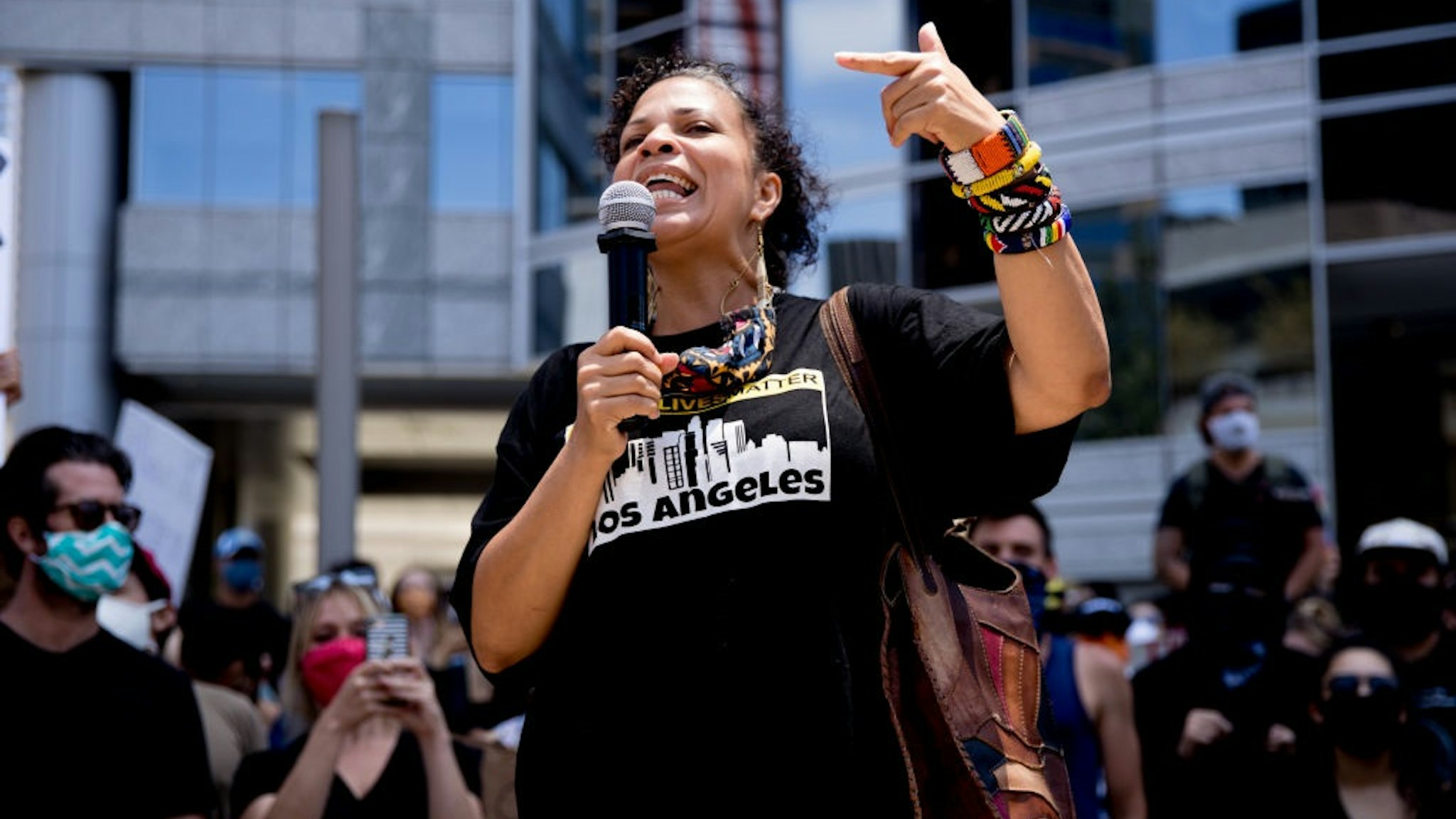 BEVERLY HILLS, CALIFORNIA - JUNE 06: Melina Abdullah participates in the Hollywood talent agencies march to support Black Lives Matter protests on June 06, 2020 in Beverly Hills, California.
