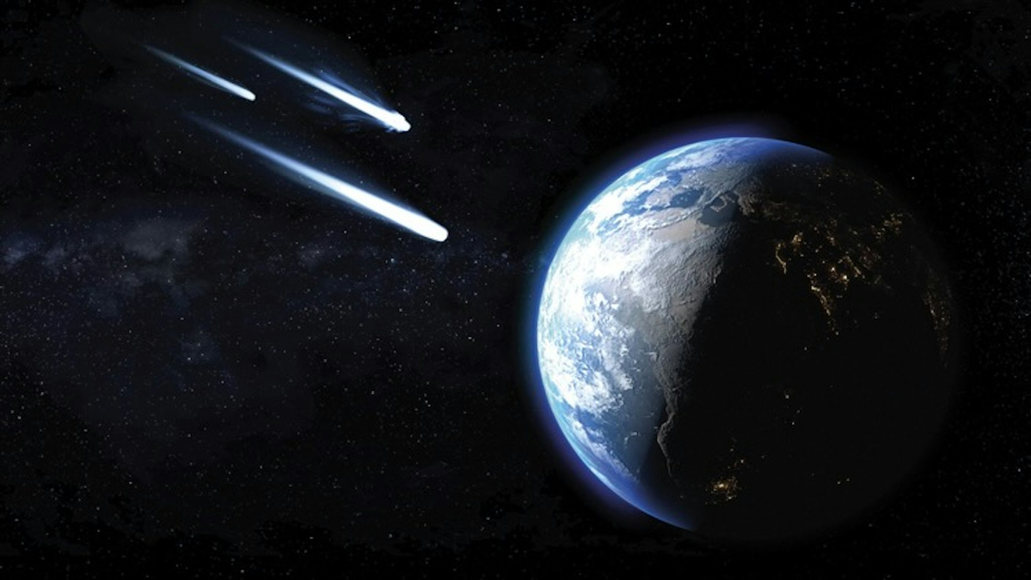 Comets passing by earth, illustration - stock illustration Three icy comets passing by planet Earth, illustration.