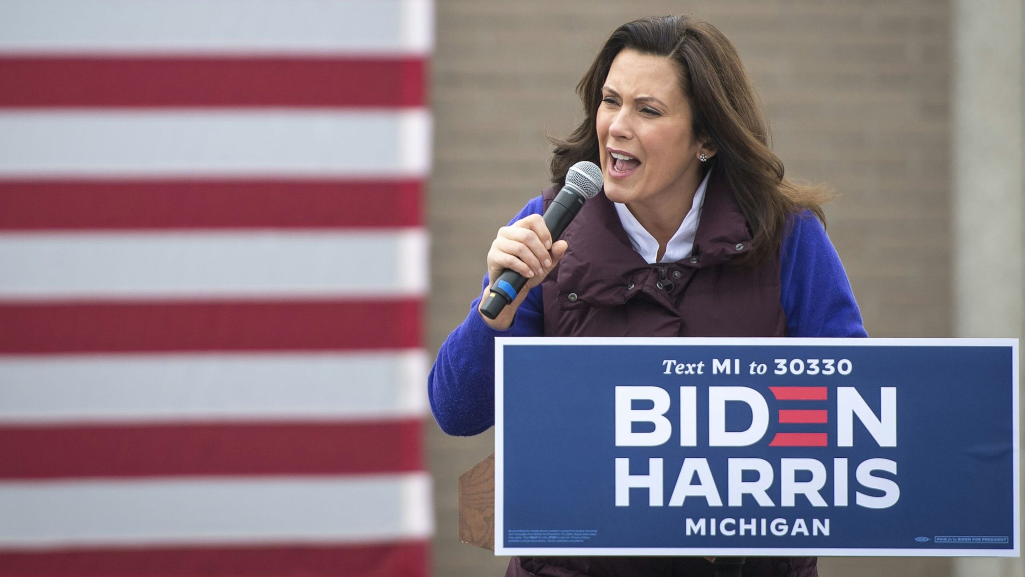 DETROIT, MI - OCTOBER 25: Michigan Governor Gretchen Whitmer speaks before Democratic U.S. Vice Presidential nominee Sen. Kamala Harris (D-CA) appears at IBEW Local Union 58 on October 25, 2020 in Detroit, Michigan. Harris is traveling to multiple locations in the metro Detroit area to campaign for Democratic presidential nominee Joe Biden.