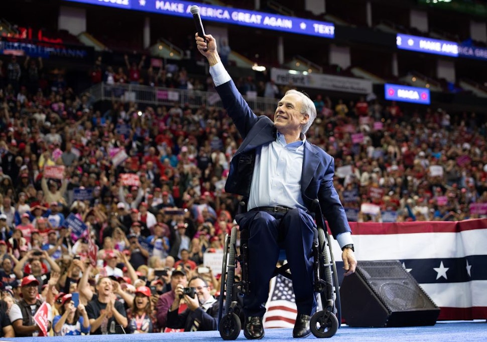 Texas Republican Governor Greg Abbott speaks during a campaign rally by US President Donald Trump at the Toyota Center in Houston, Texas, October 22, 2018.