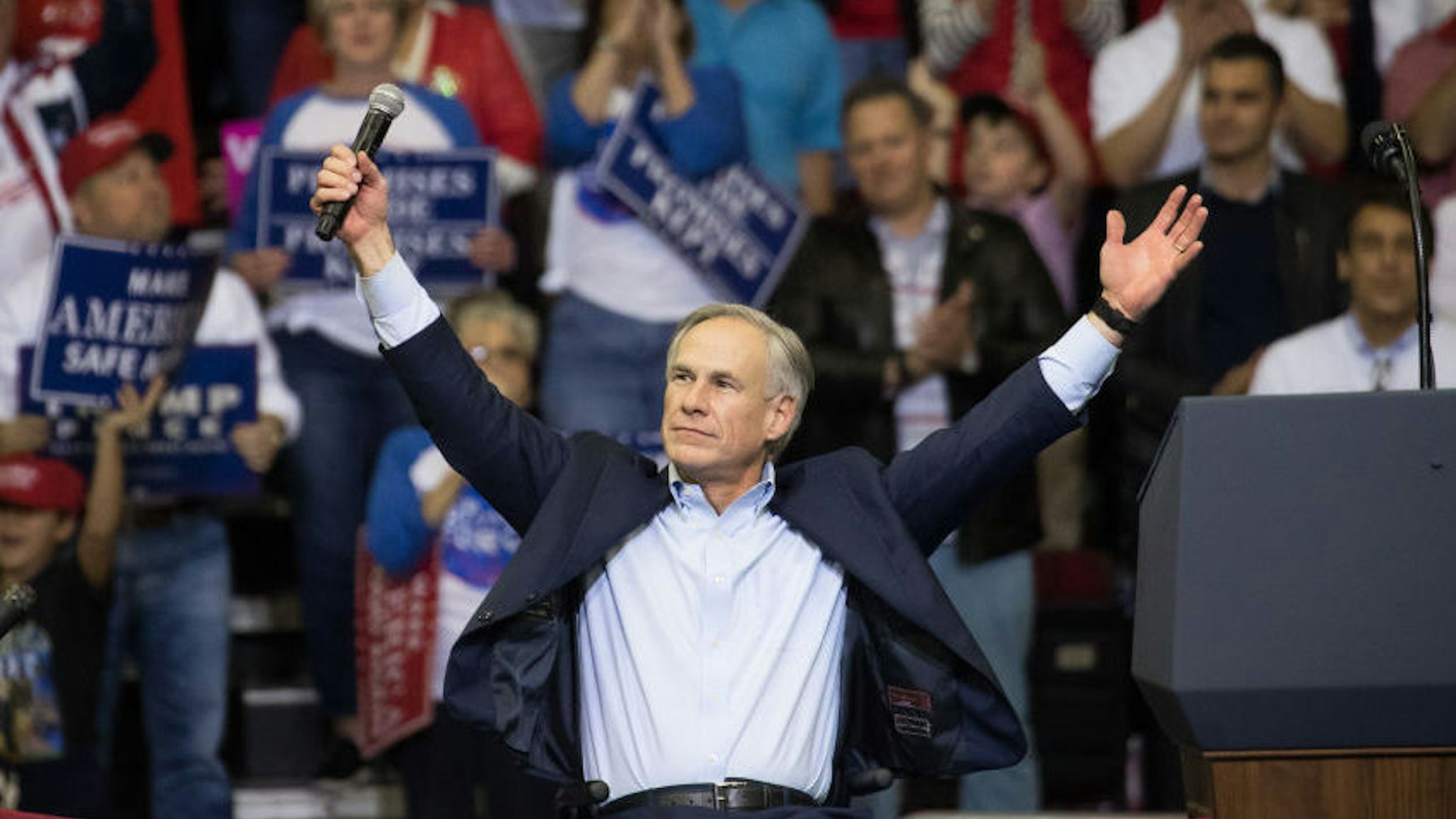 Governor Greg Abbott of Texas addresses the crowd before President Donald Trump took the stage for a rally in support of Sen. Ted Cruz (R-TX) on October 22, 2018 at the Toyota Center in Houston, Texas.