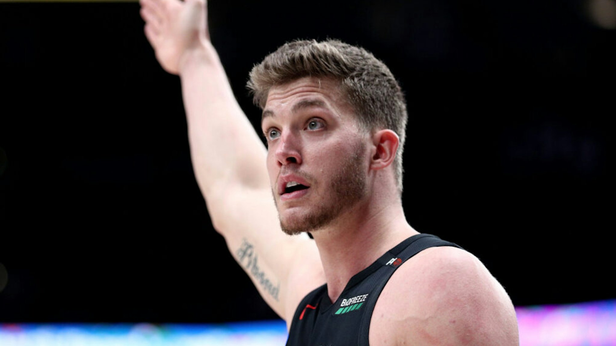 PORTLAND, OR - APRIL 10: Meyers Leonard #11 of the Portland Trail Blazers reacts against the Sacramento Kings in the third quarter during their game at Moda Center on April 10, 2019 in Portland, Oregon. NOTE TO USER: User expressly acknowledges and agrees that, by downloading and or using this photograph, User is consenting to the terms and conditions of the Getty Images License Agreement.