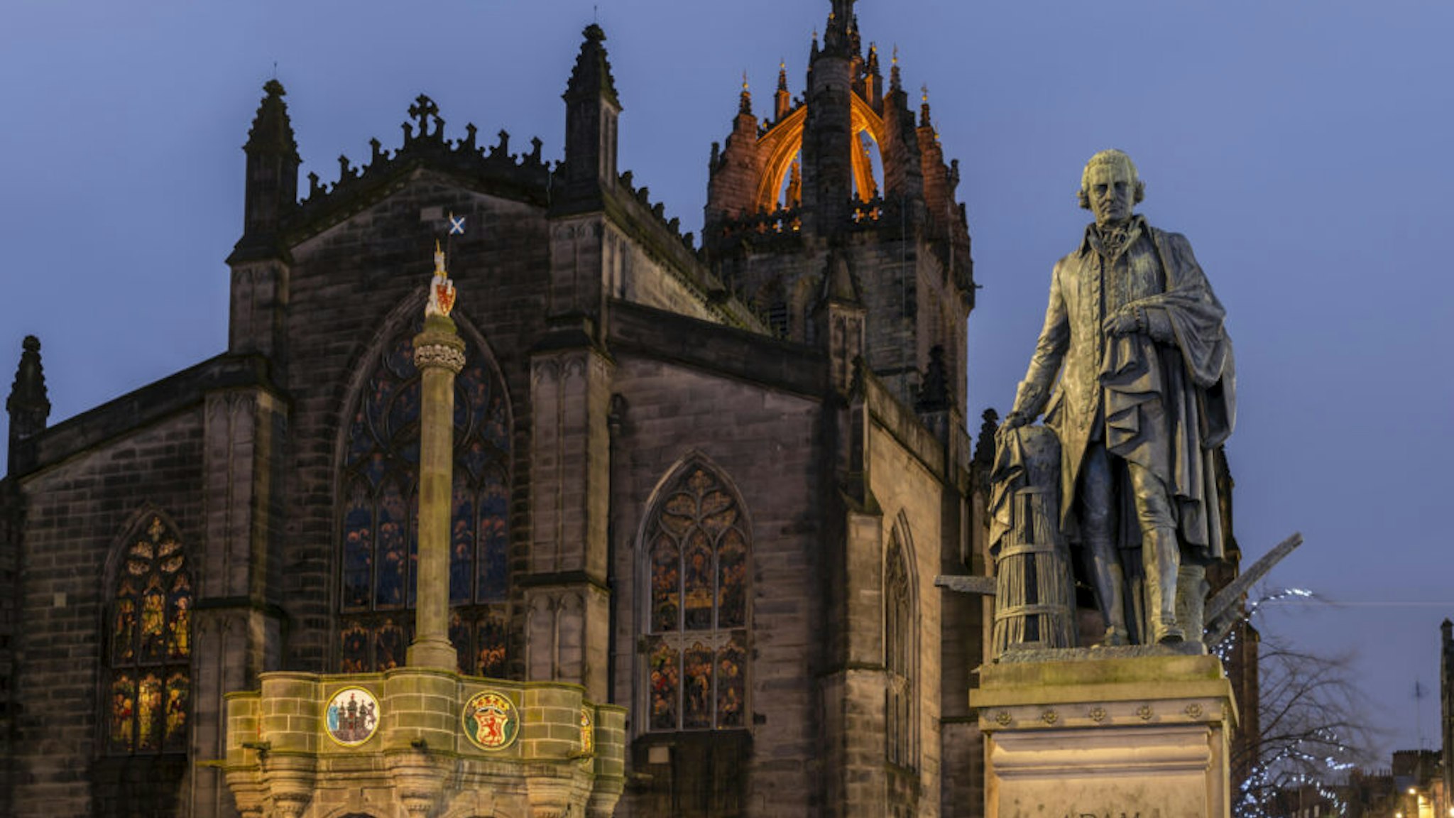 Adam Smith Monument, Gothic St Giles' Cathedral at dusk, Edinburgh, Scotland, United Kingdom