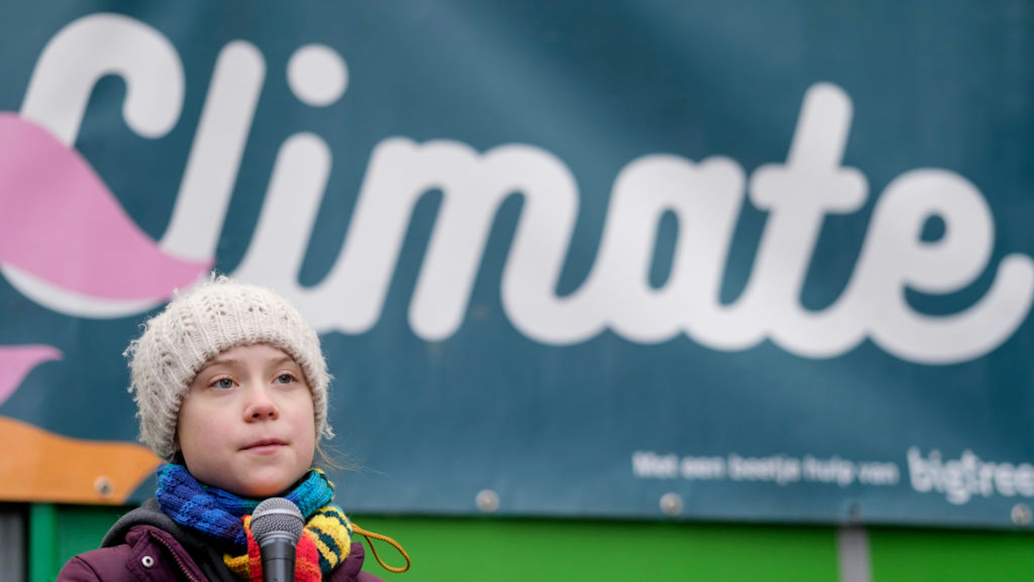 BRUSSELS, BELGIUM - MARCH 06: Swedish environmental activist Greta Thunberg gives a speech at the end of the 'Friday Strike For Climate' on March 6, 2020, in Brussels, Belgium.