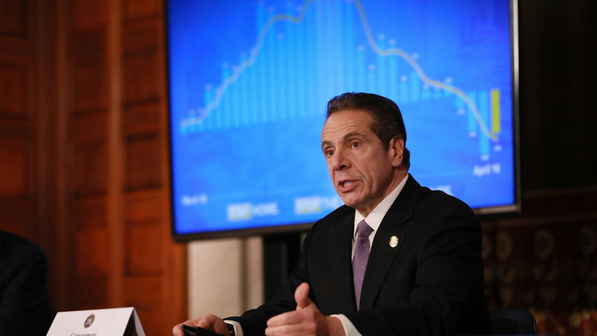 ALBANY, NY - APRIL 17: New York Governor Andrew Cuomo gives his a press briefing about the coronavirus crisis on April 17, 2020 in Albany, New York.Cuomo along with governors from other East Coast states are extending their shutdown of nonessential businesses to May 15. “We have to continue doing what we’re doing. I’d like to see that infection rate get down even more...", he said. (Photo by Matthew Cavanaugh/Getty Images)