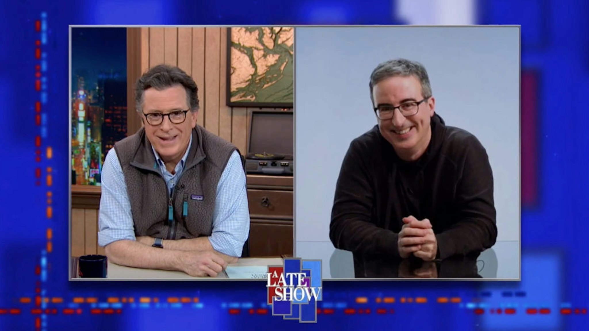 NEW YORK - FEBRUARY 9: A Late Show with Stephen Colbert and guest John Oliver during Tuesday's February 9, 2021 Show. Image is a screen grab. (Photo by CBS via Getty Images)