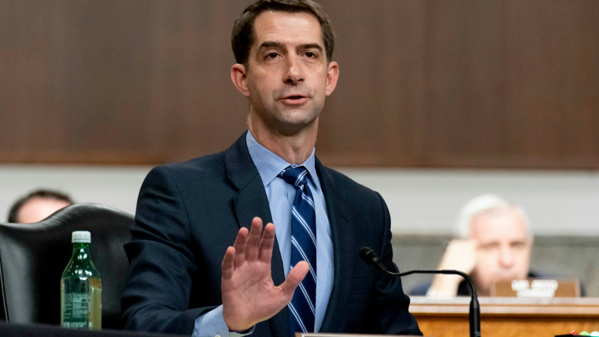 Sen. Tom Cotton (R-AR) speaks during a hearing to examine United States Special Operations Command and United States Cyber Command in review of the Defense Authorization Request for fiscal year 2022 and the Future Years Defense Program, on Capitol Hill on March 25, 2021 in Washington, DC.