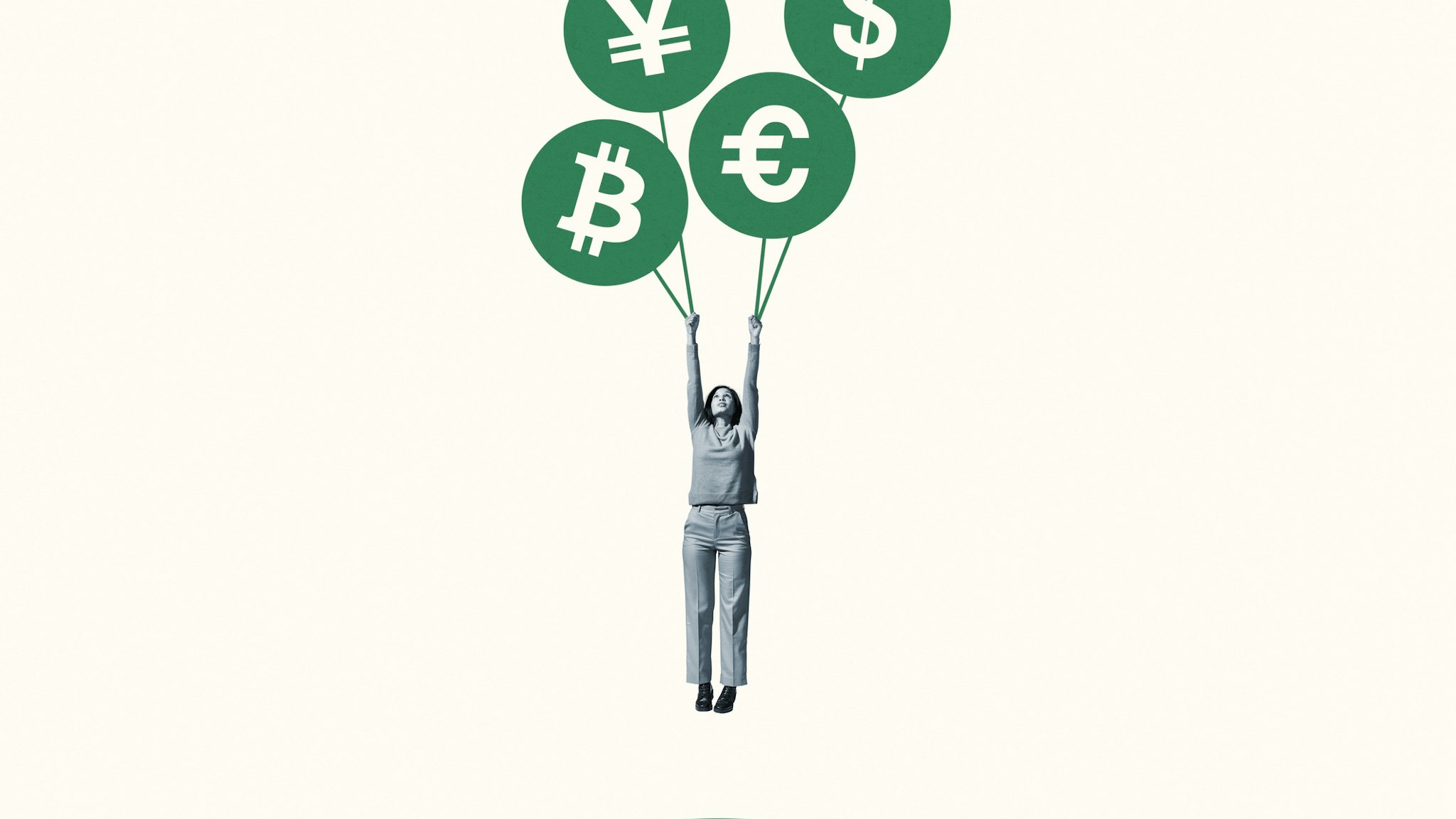 Young woman hanging from large green currency symbol balloons against white background