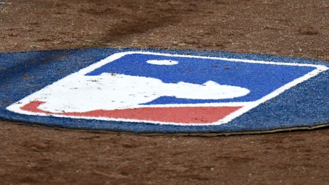 WASHINGTON, DC - SEPTEMBER 21: The MLB logo on the on deck circle mat during the game between the Washington Nationals and the Philadelphia Phillies at Nationals Park on September 21, 2020 in Washington, DC. (Photo by G Fiume/Getty Images)
