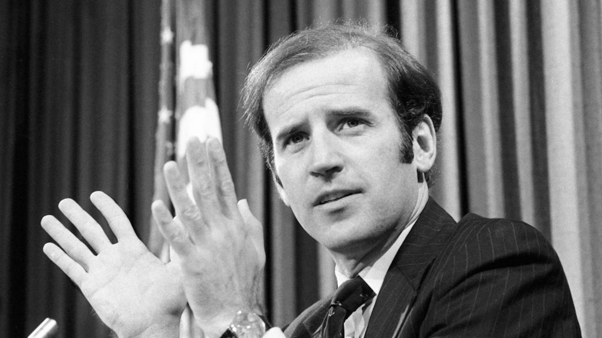 Senator Joseph Biden, Delaware, introducing the report of an 18-month investigation conducted by his Senate Intelligence subcommittee said the group reported "a major failure" by the government over the years to prosecute serious criminal leaks of sensitive information. (Photo by Bettmann Archive/Getty Images)