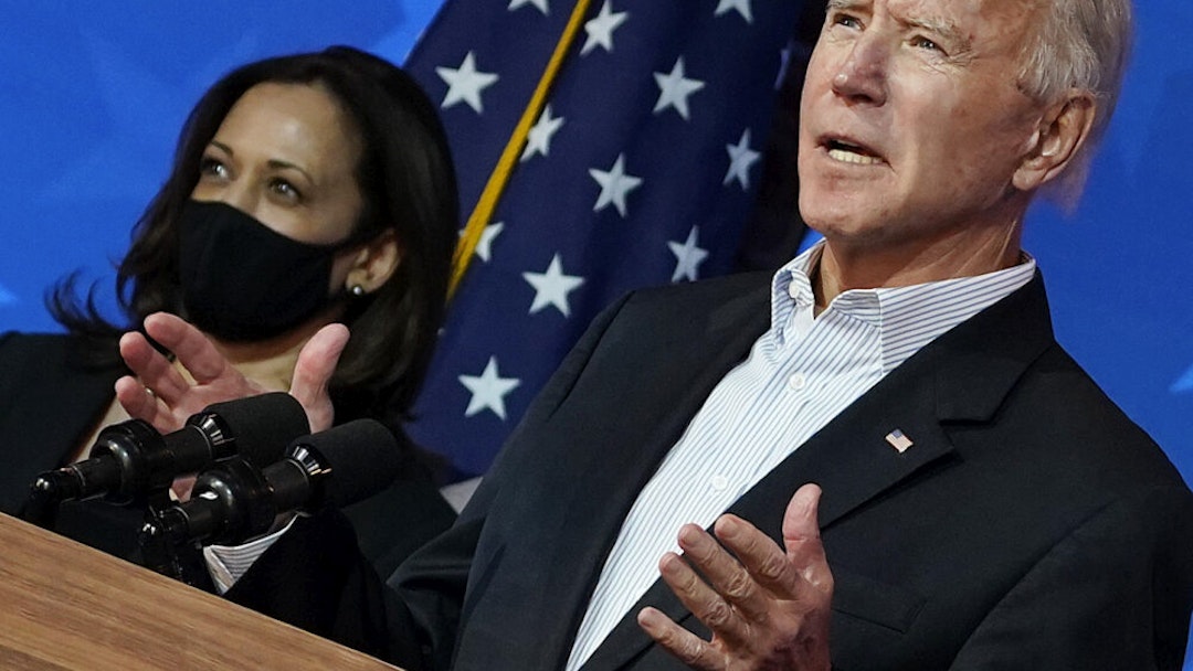 WILMINGTON, DELAWARE - NOVEMBER 05: Democratic presidential nominee Joe Biden speaks while flanked by vice presidential nominee, Sen. Kamala Harris (D-CA), at The Queen theater on November 05, 2020 in Wilmington, Delaware. Biden attended internal meetings with staff as votes are still being counted in his tight race against incumbent U.S. President Donald Trump, which remains too close to call.