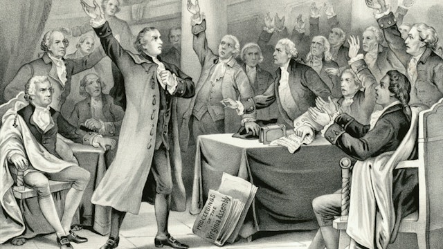 Vintage illustration features Patrick Henry delivering his speech on the rights of the colonies, before the Virginia Assembly, convened at Richmond, March 23rd 1775, concluding with "Give Me Liberty or Give Me Death" which became the war cry of the American Revolution.
