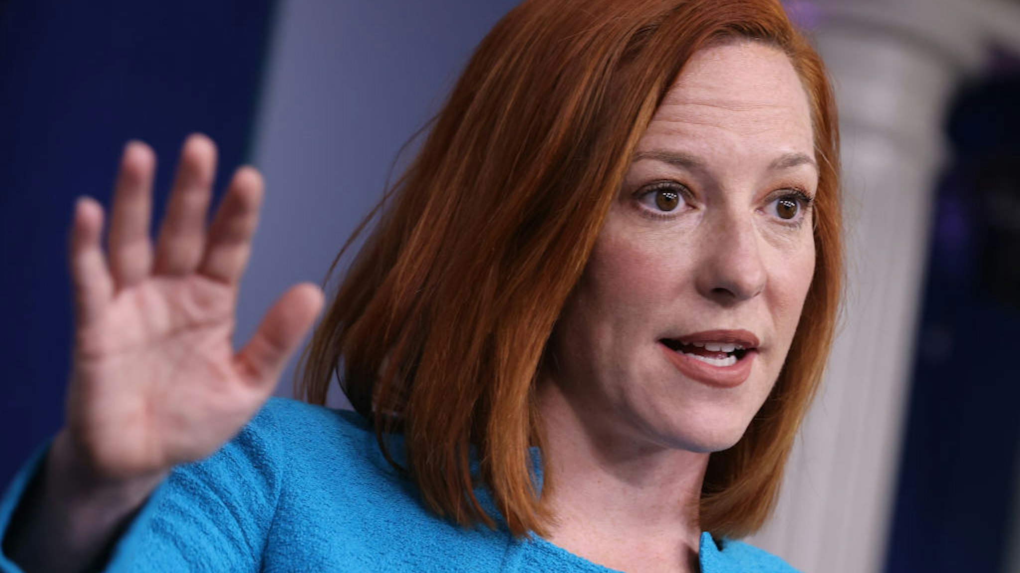 White House Press Secretary Jen Psaki talks to reporters during her daily news conference in the Brady Press Briefing room at the White House on March 22, 2021 in Washington, DC.